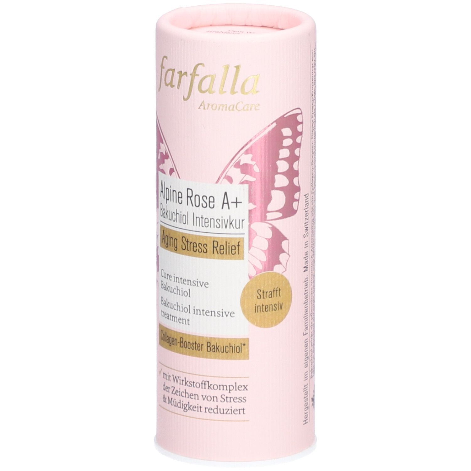Emballage cylindrique rose avec nom du produit et motif papillon. Contient "Alpine Rose A+" et "Aging Stress Relief".