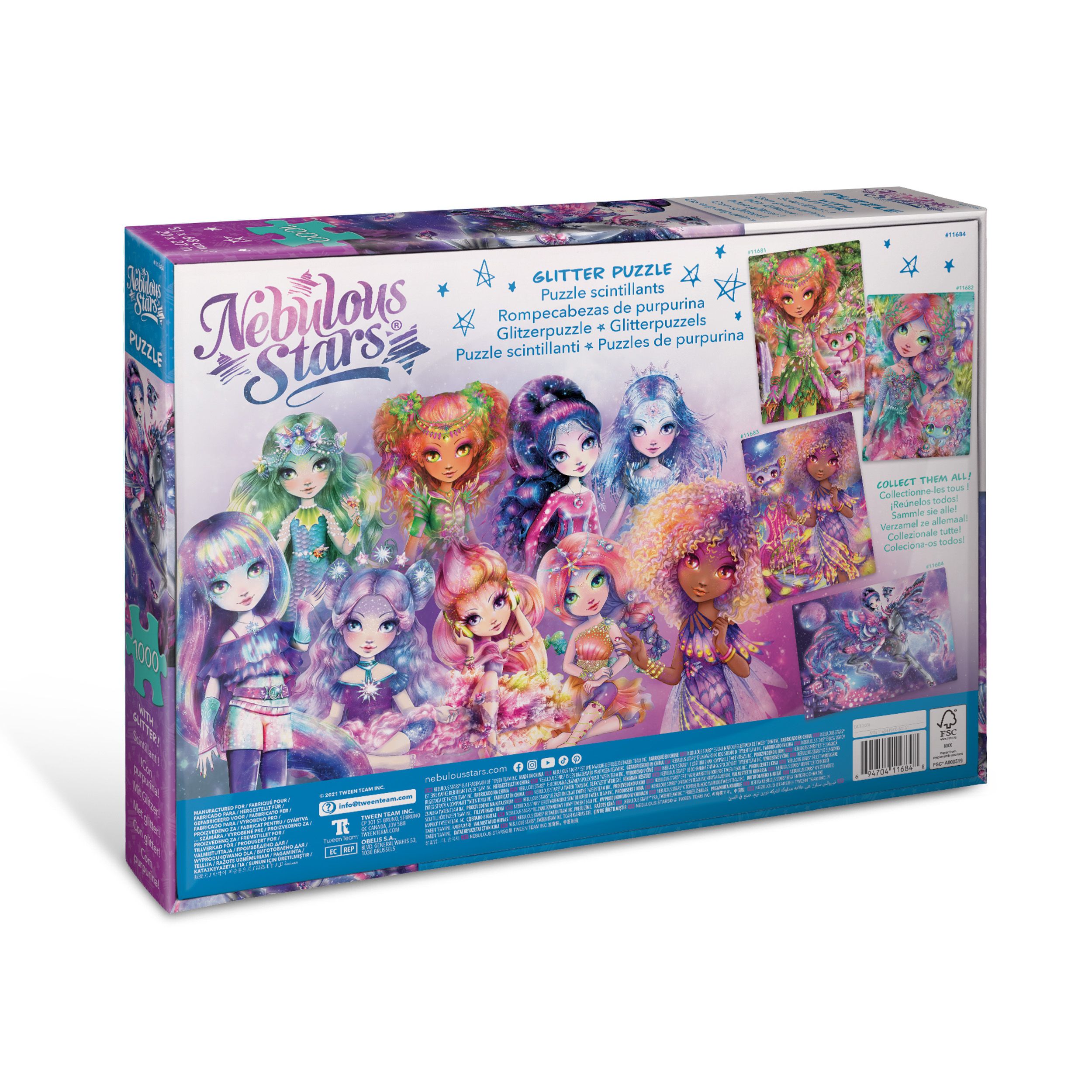 Dos de la boîte de puzzle. Logo Nebulous Stars. Illustrations de différents motifs de puzzle. Texte multilingue.