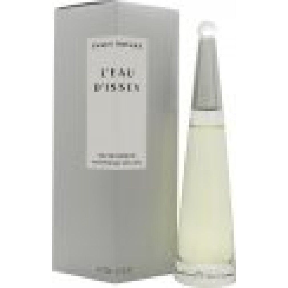 Flacon de parfum et emballage. Flacon conique, capuchon argenté, boule transparente. Emballage blanc avec texte: L'Eau d'Issey.
