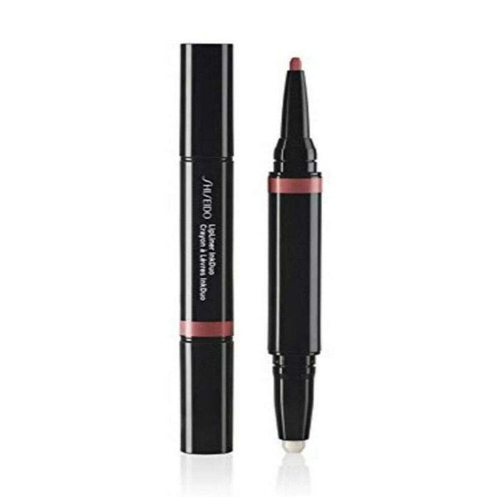 Dubbele lippenstift met zwarte behuizing. Opschrift: SHISEIDO Lip Liner Ink Duo 03. Eén stift open, één dicht.