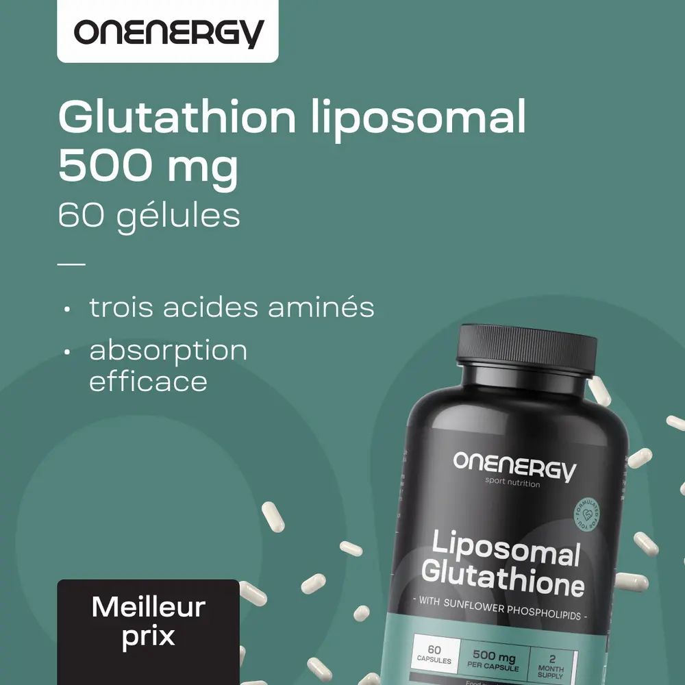 Flacon avec capsules. Texte: Glutathion liposomale 500 mg, 60 gélules. Homme avec haltères.