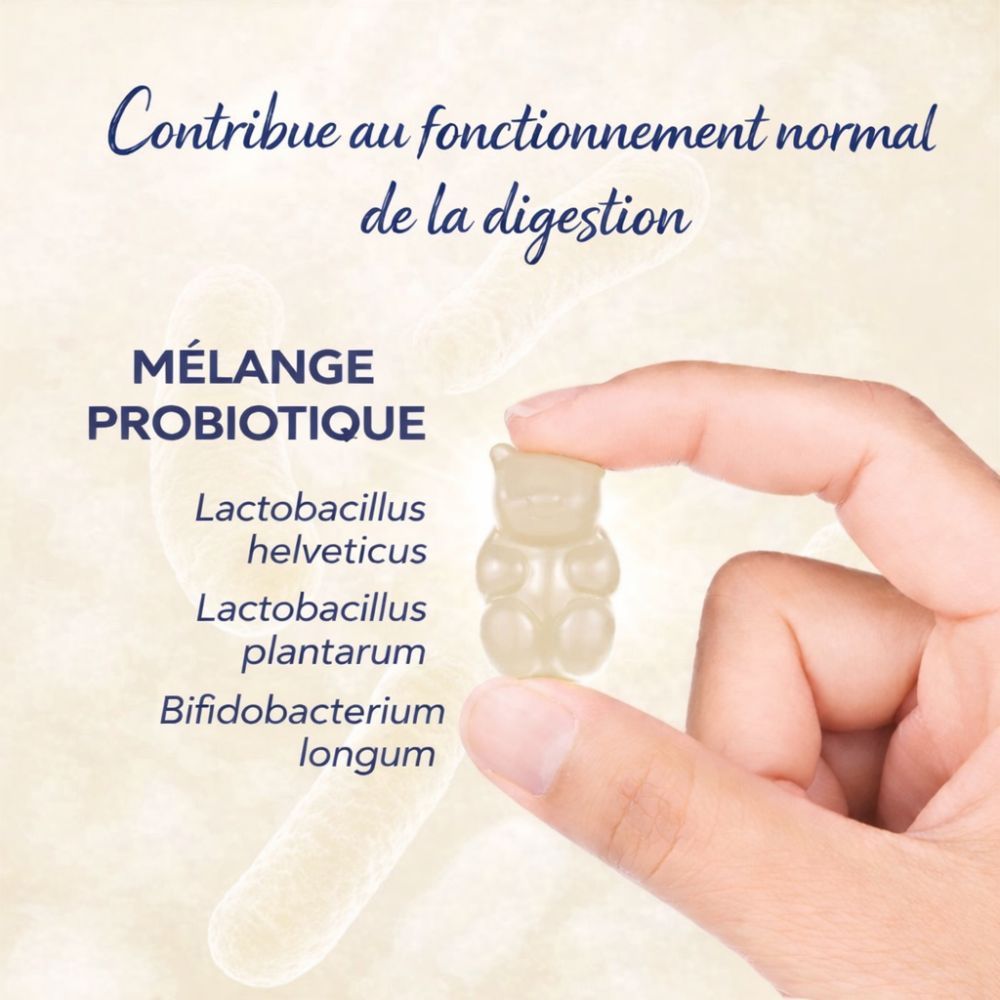 Main tenant un ourson en gélatine clair. Texte : Mélange probiotique, Lactobacillus helveticus, Lactobacillus plantarum, etc.