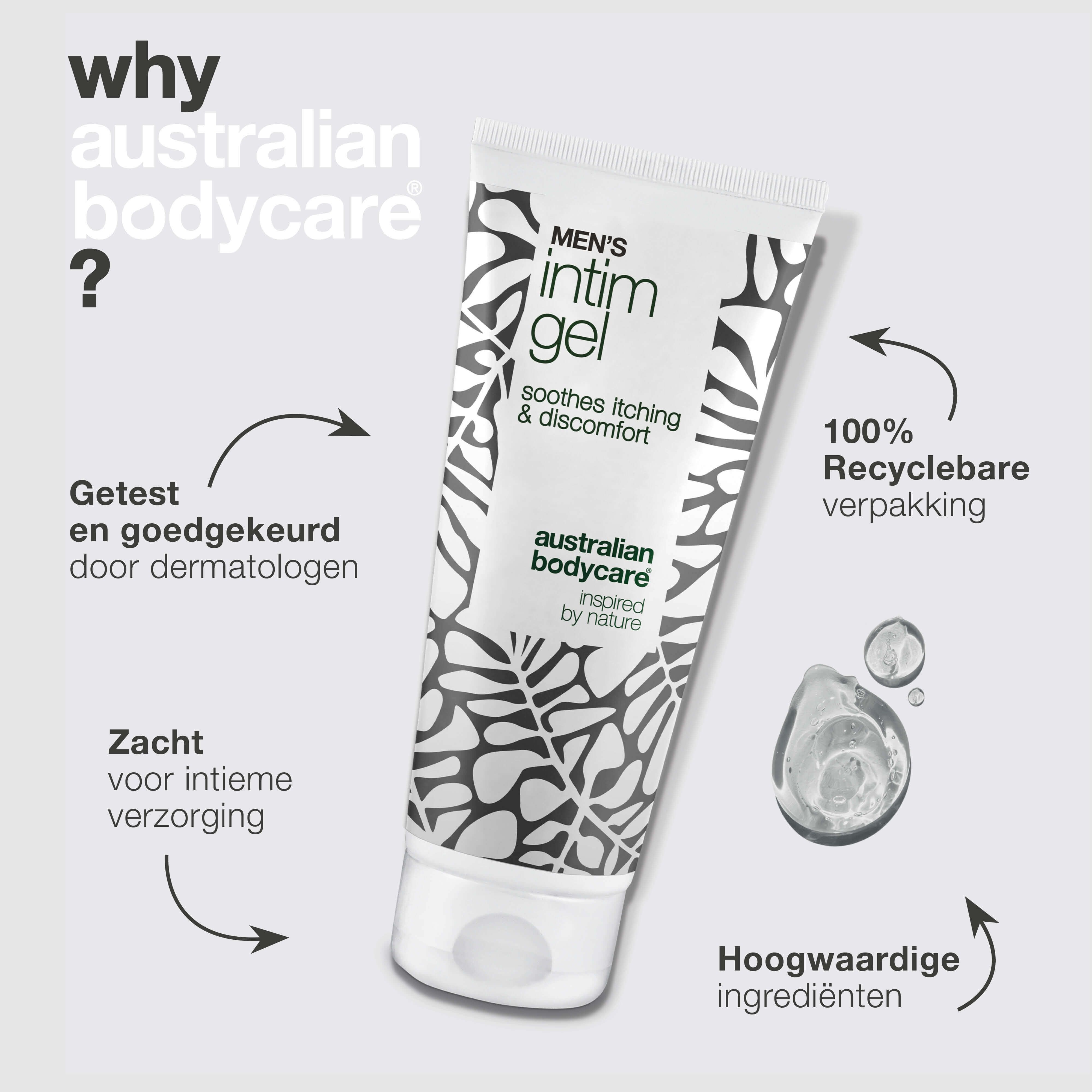 Tube intieme gel. Tekst: Men's Intim Gel, verzacht jeuk en ongemak. Tekst: Getest, 100% recyclebare verpakking, etc.