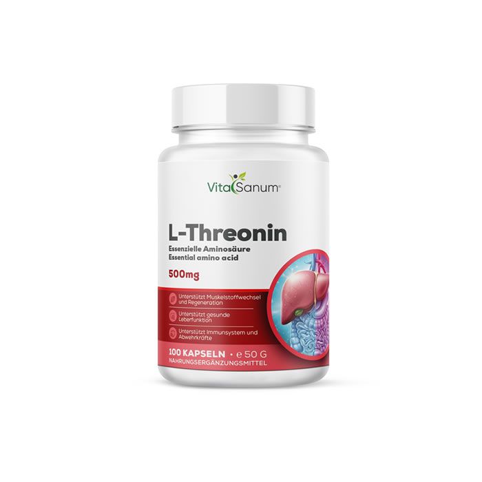 VitaSanum L-Thréonine Gélules: 100 gélules, 50g. Contient 500mg L-Thréonine par gélule. Avec illustration du foie.
