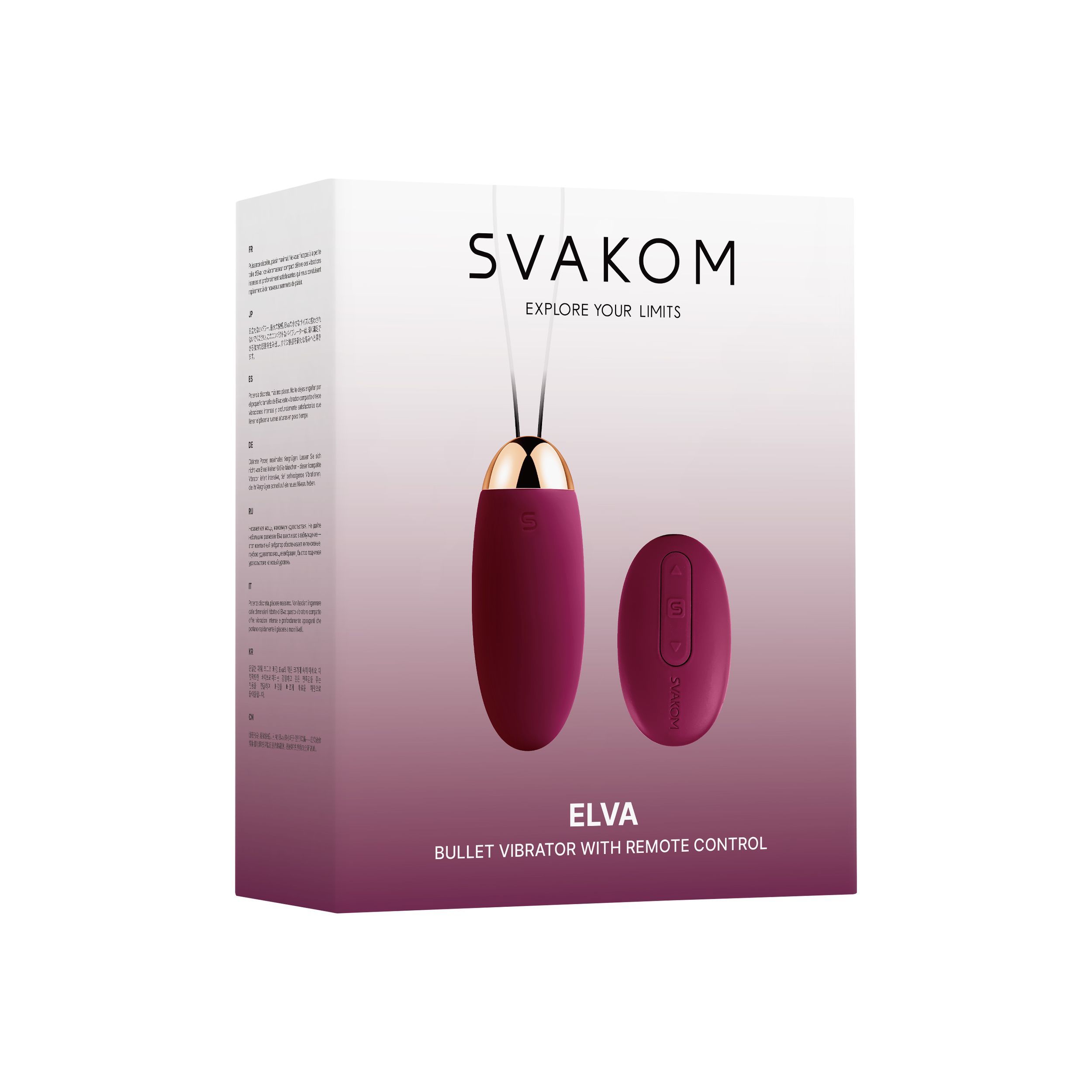 Verpakking met SVAKOM-logo en productnaam ELVA. Het product is paars en goudkleurig. 'Bullet Vibrator' staat op de verpakking.