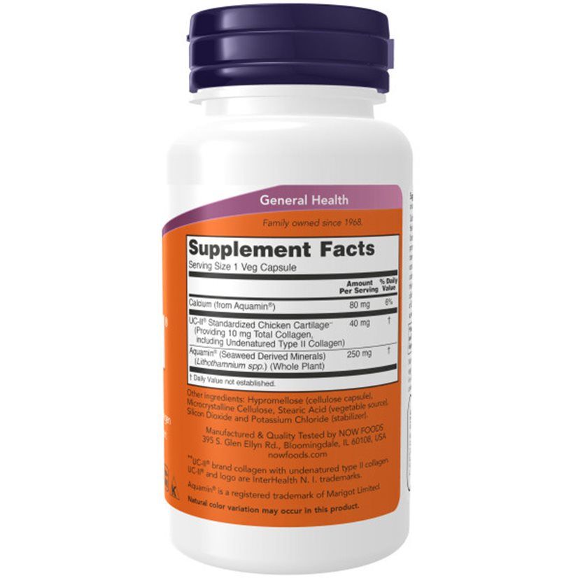Dos du flacon blanc. Étiquette orange avec informations nutritionnelles et ingrédients. Bouchon violet. Marque NOW.