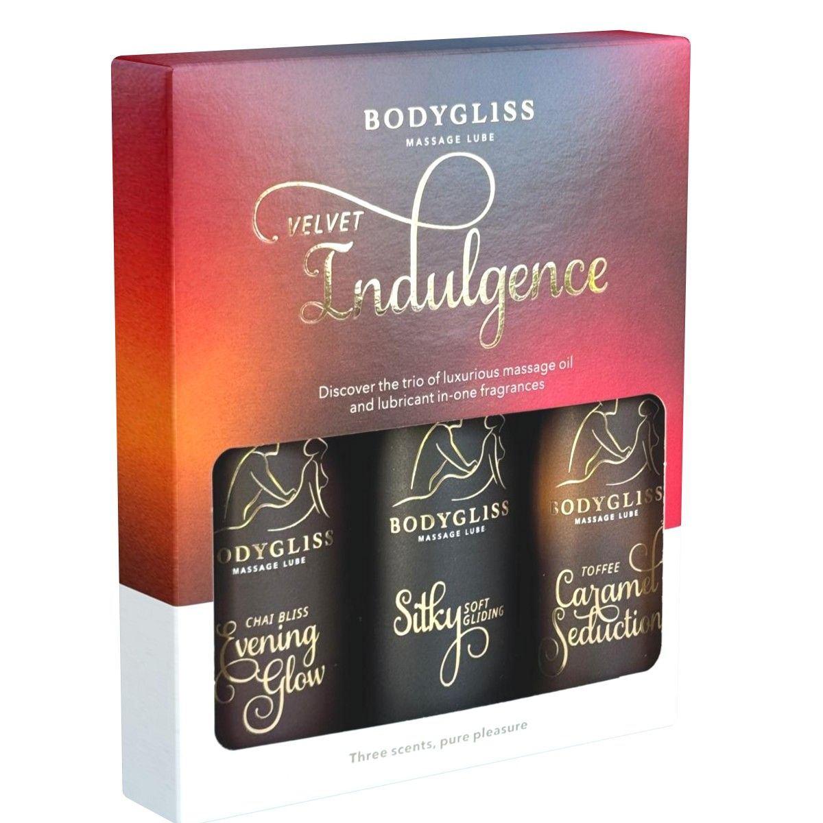 Geschenkverpakking Bodygliss Velvet Indulgence met drie massageolieflacons. Smaak: Chai Bliss, Silky Soft Gliding, Toffee Caramel Seduction. Rode en witte doos.