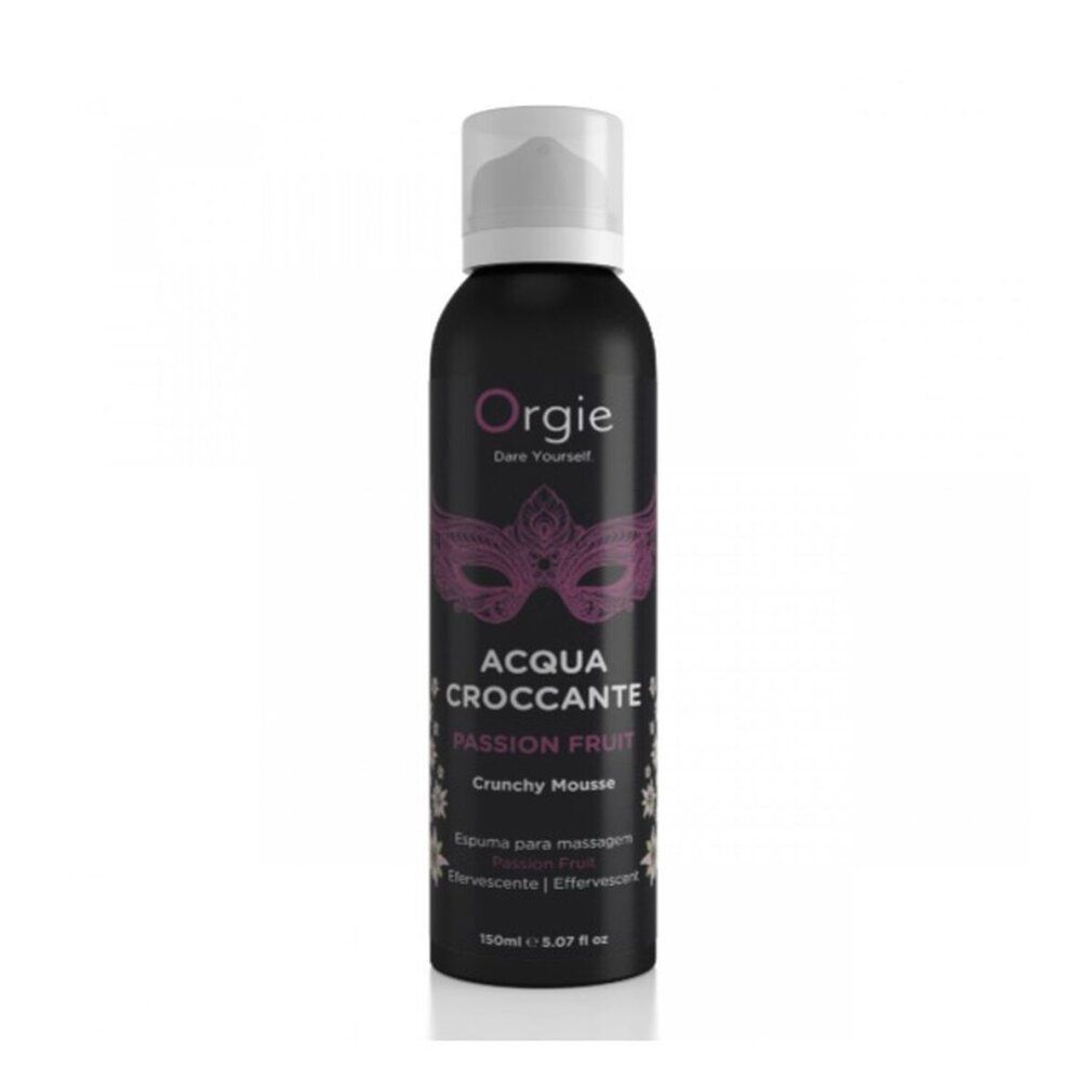 Orgie Acqua Croccante Knisperende Mousse Passievrucht 150 ml, zwarte bus met masker design.