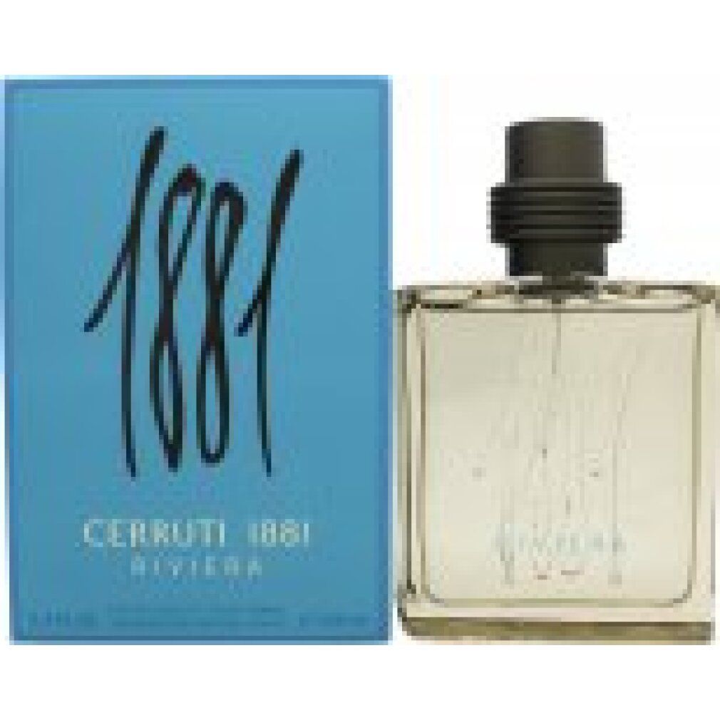 Cerruti 1881 Riviera Eau de Toilette Spray. Fles en verpakking. Lichtblauwe doos met tekst. Vierkante glazen fles met verstuiver.