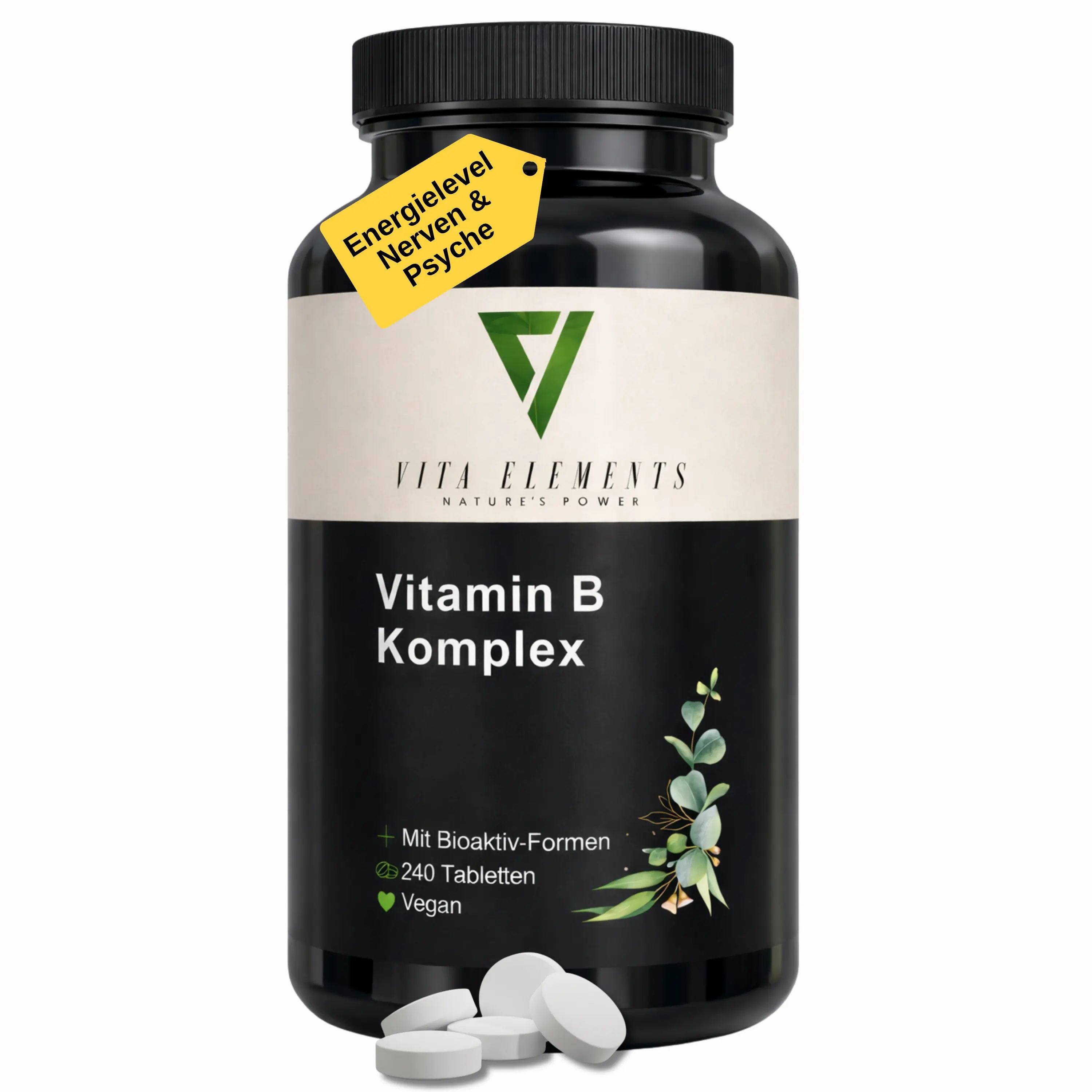Pot noir avec comprimés Vita Elements Vitamin B Komplex, 240 pièces. Comprend une banderole jaune.