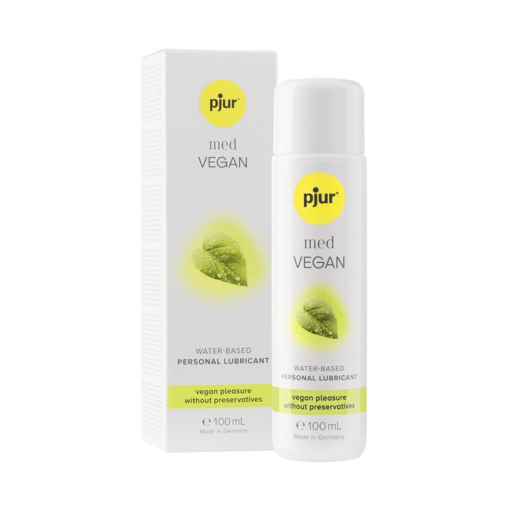 pjur med Vegan lubrifiant en emballage et flacon blancs. Inscription : med VEGAN, à base d'eau, végétalien sans conservateurs.