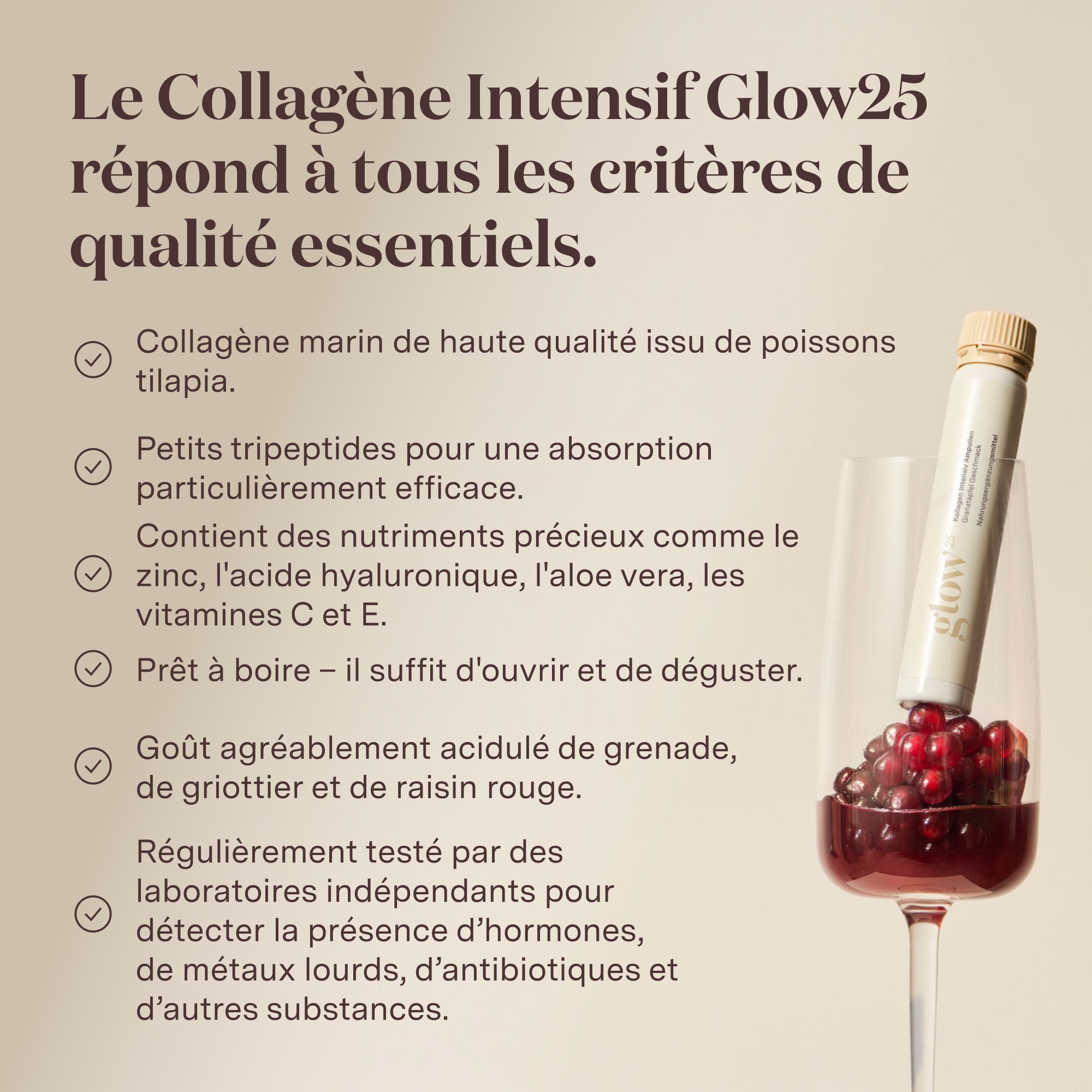Une femme boit une ampoule de collagène Glow25.
