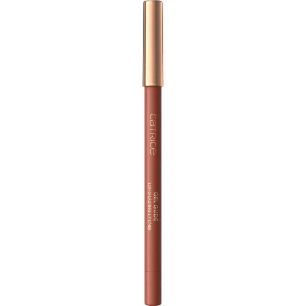 Crayon contour des lèvres Catrice Gel Glide. Crayon brun avec capuchon doré. Inscription : Gel Glide, Long Lasting Lip Liner.