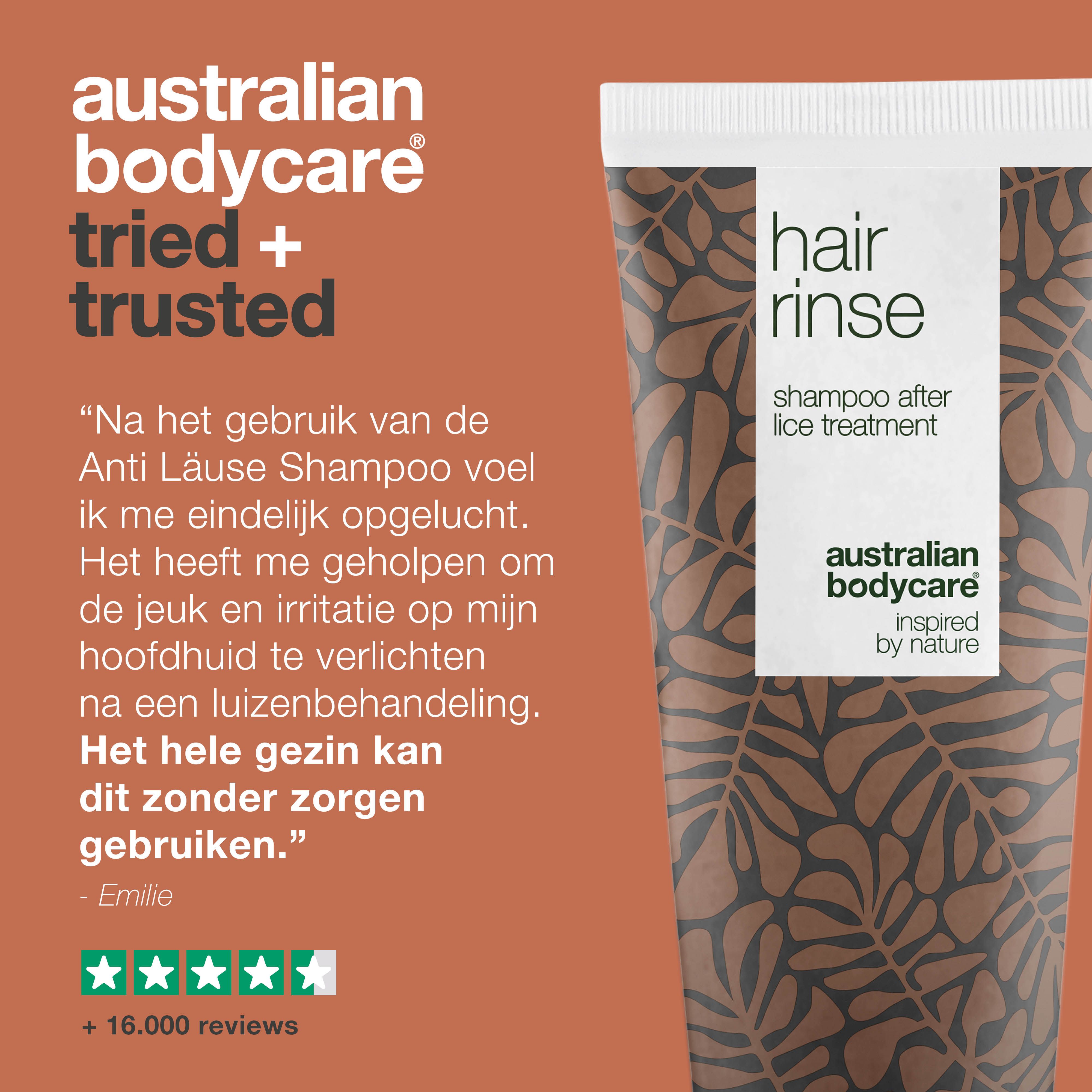 Shampoo tube. Tekst: Hair Rinse, Australian Bodycare. Tried + trusted. Citaat: Na het gebruik van de Anti Läuse Shampoo voel ik me eindelijk opgelucht.