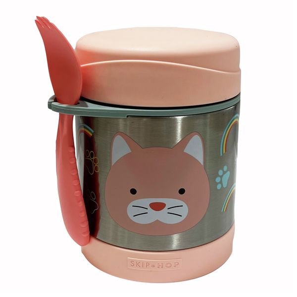 Roestvrijstalen thermosbeker met kattenmotief. Roze deksel en bodem, zilveren container. Inclusief roze lepel. Merk Skip Hop.