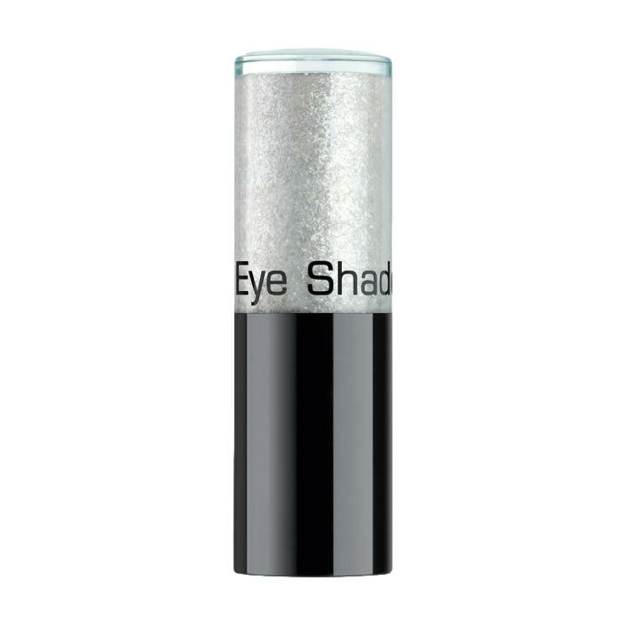 Cilindrische houder met zilverkleurige inhoud. Zwarte basis, transparante deksel. Opschrift: Eye Shad.