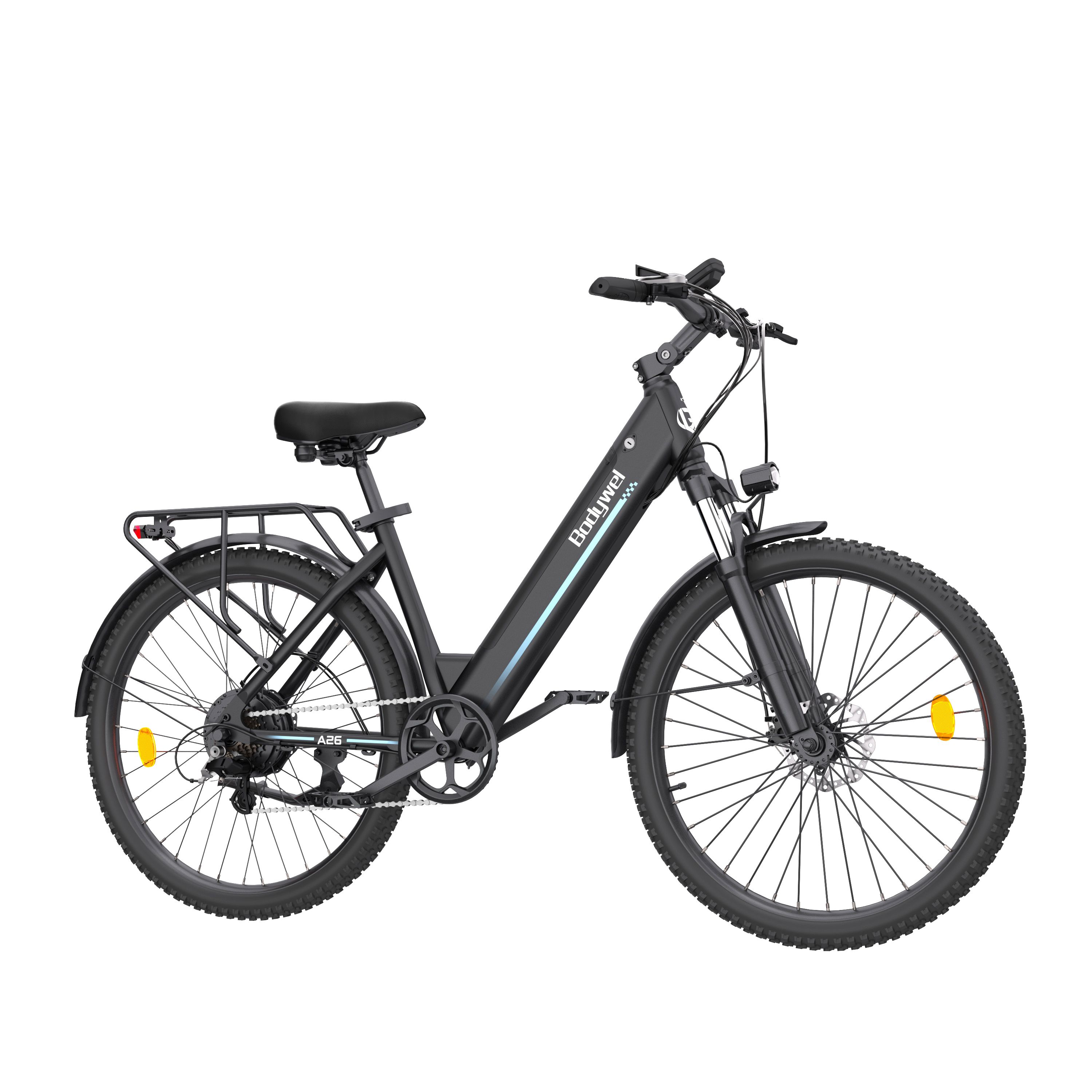 Vélo électrique noir avec porte-bagages, garde-boue et phare. Bodywel A26.