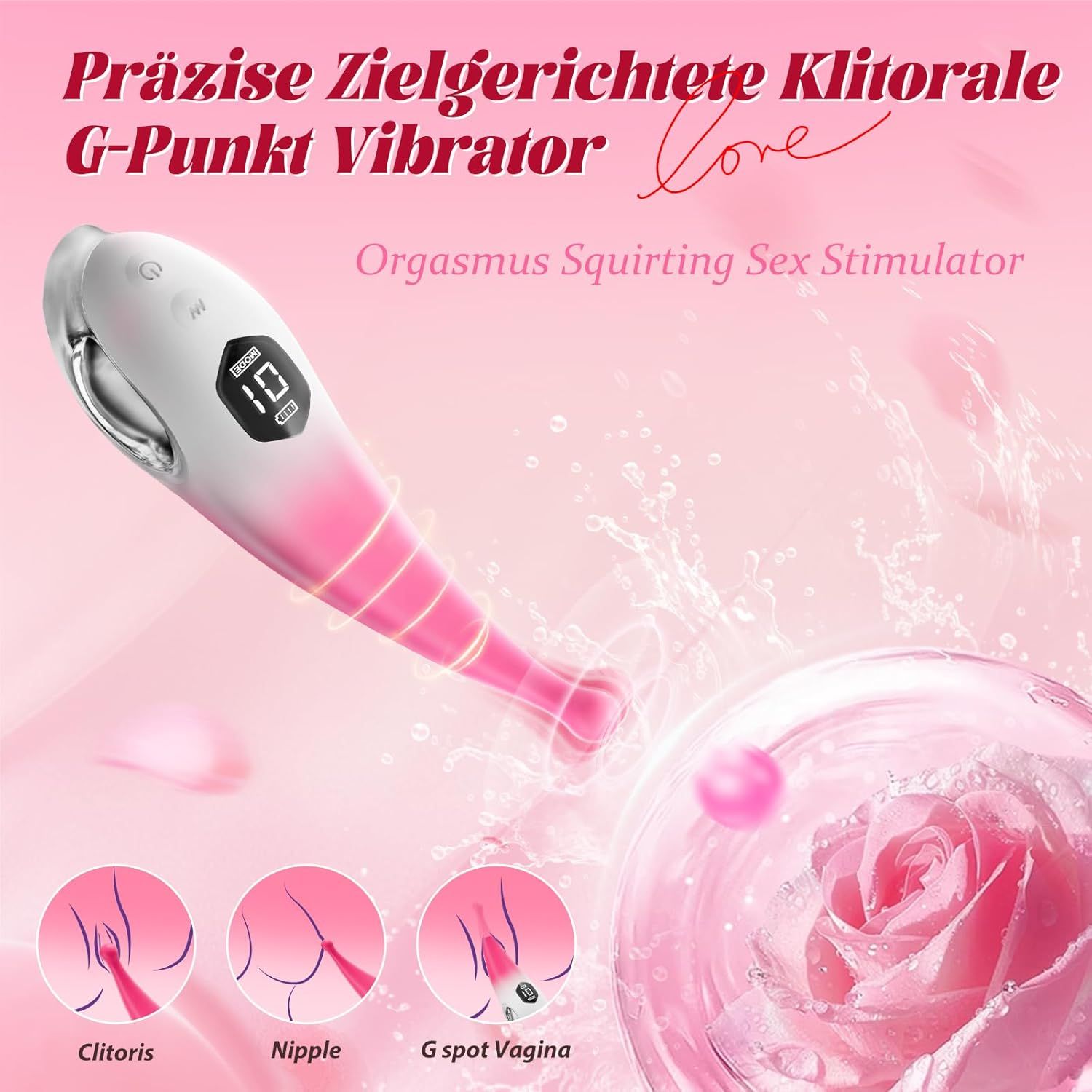 Vibrateur rose avec écran numérique, entouré de pétales de rose et d'eau. Montre les zones d'application.