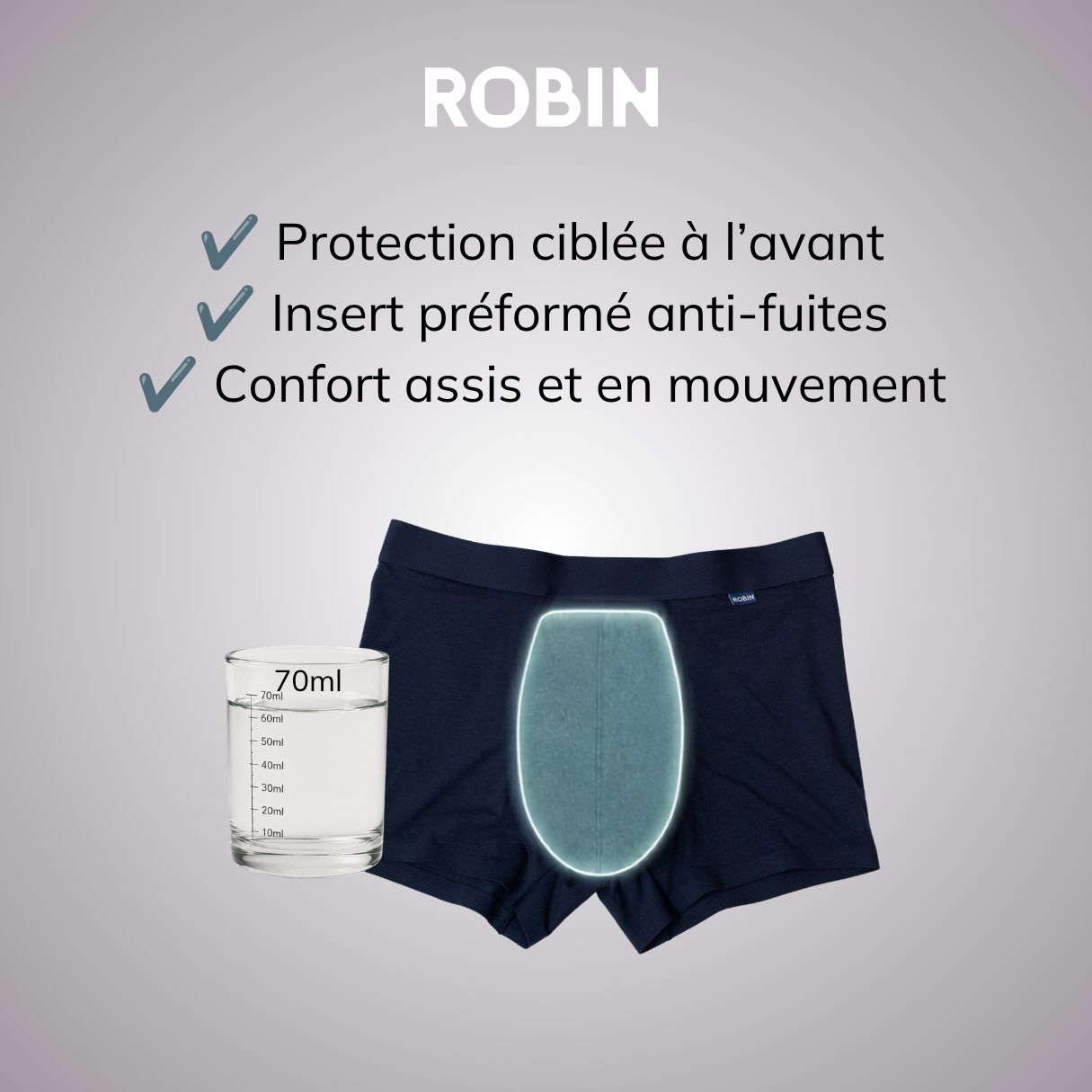 Boxer bleu foncé pour homme avec insert préformé, capacité d'absorption 70ml.