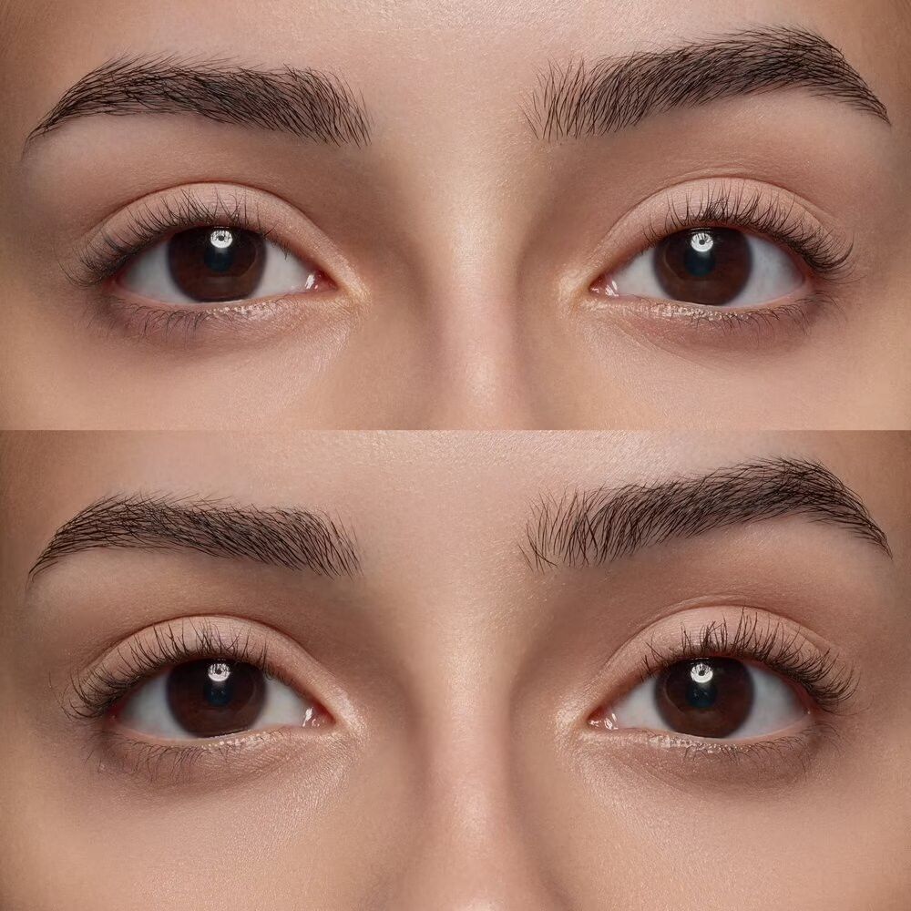 Gros plan sur les yeux avant et après l'application du mascara. Rangée supérieure : sans mascara. Rangée inférieure : avec mascara.