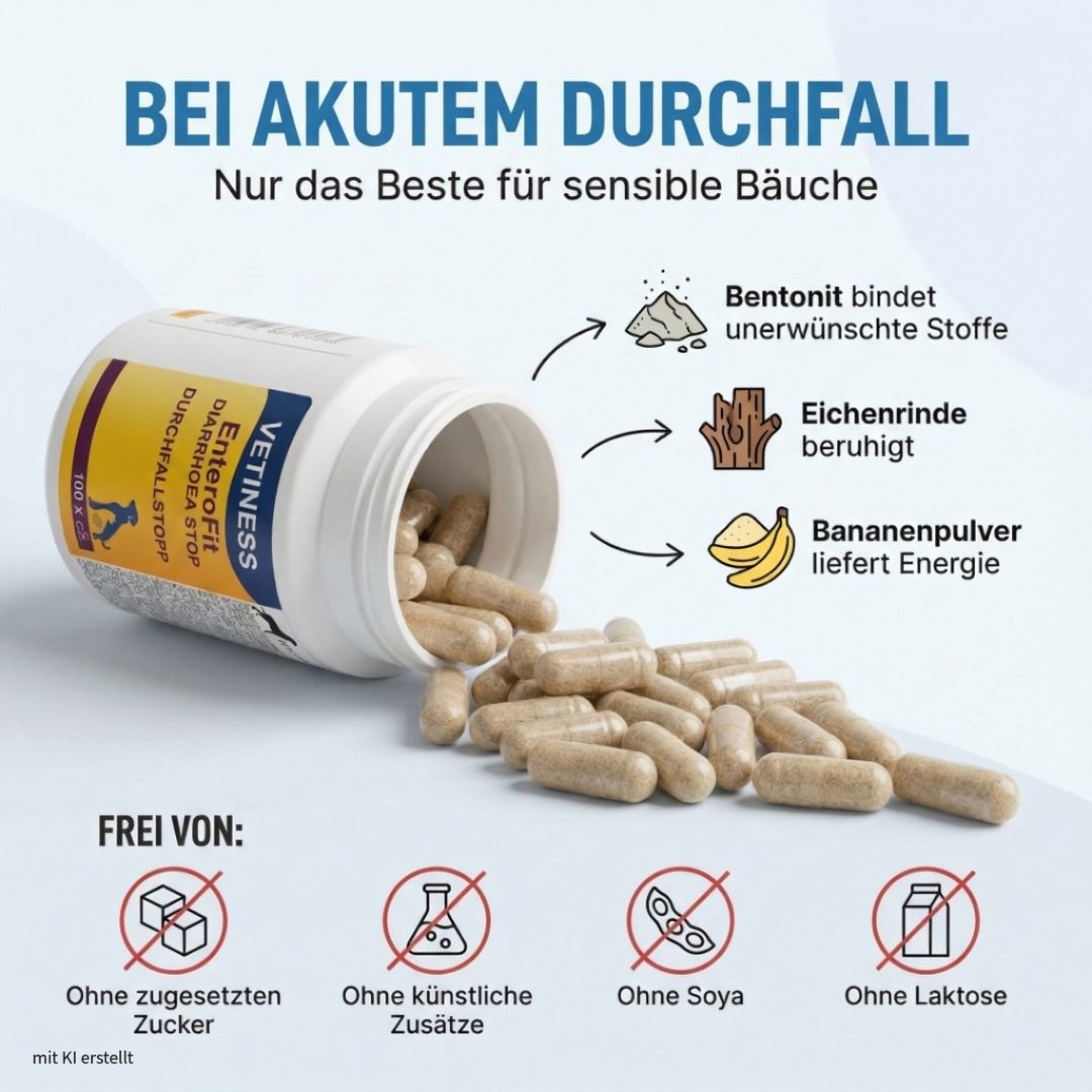 Witte pot met capsules. Tekst: Vetiness EnteroFit Durchfallstopp. Ingrediënten: Bentoniet, eikenschors, bananenpoeder. Zonder suiker, toevoegingen, soja, lactose.