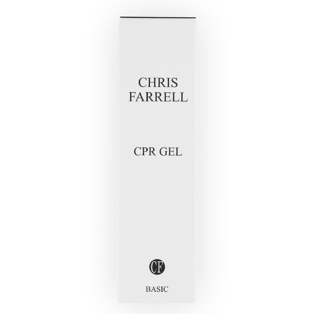 Emballage blanc avec texte noir. En haut: CHRIS FARRELL. Au milieu: CPR GEL. En bas: logo CF et BASIC.