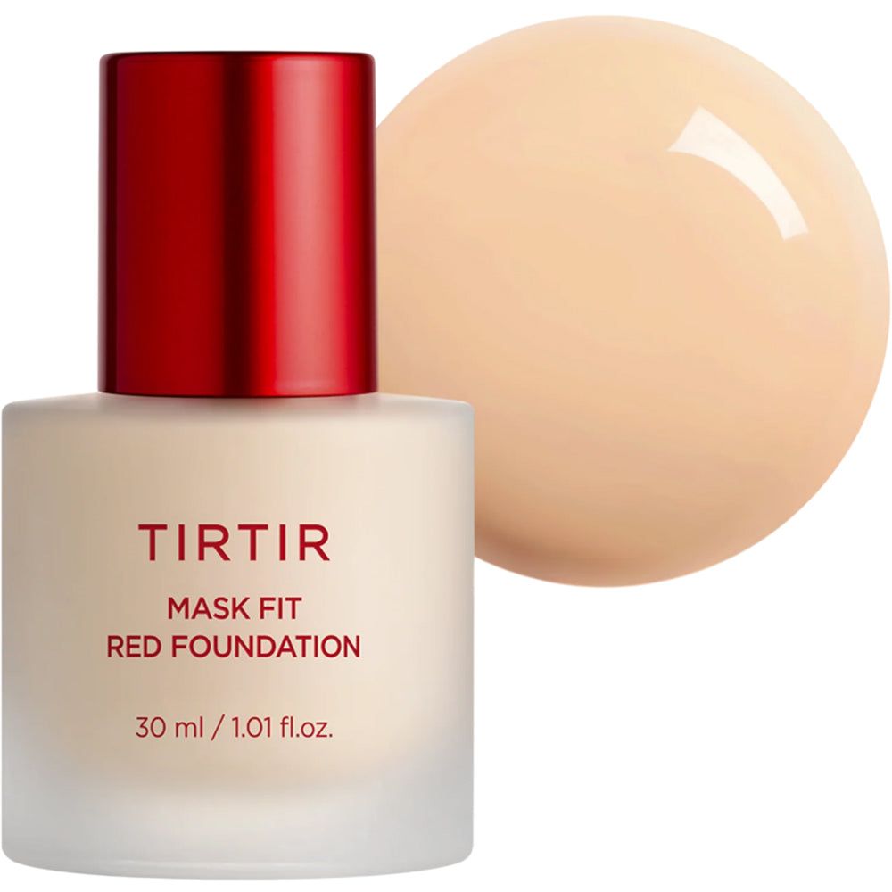 Flacon de TIRTIR Mask Fit Red Foundation avec bouchon rouge et application de maquillage. 30 ml.
