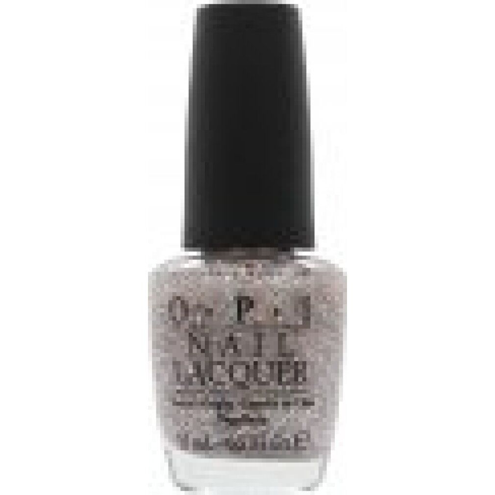 Flacon de vernis à ongles avec bouchon noir. Le vernis est pailleté et gris clair. OPI Nail Lacquer est imprimé sur le flacon.