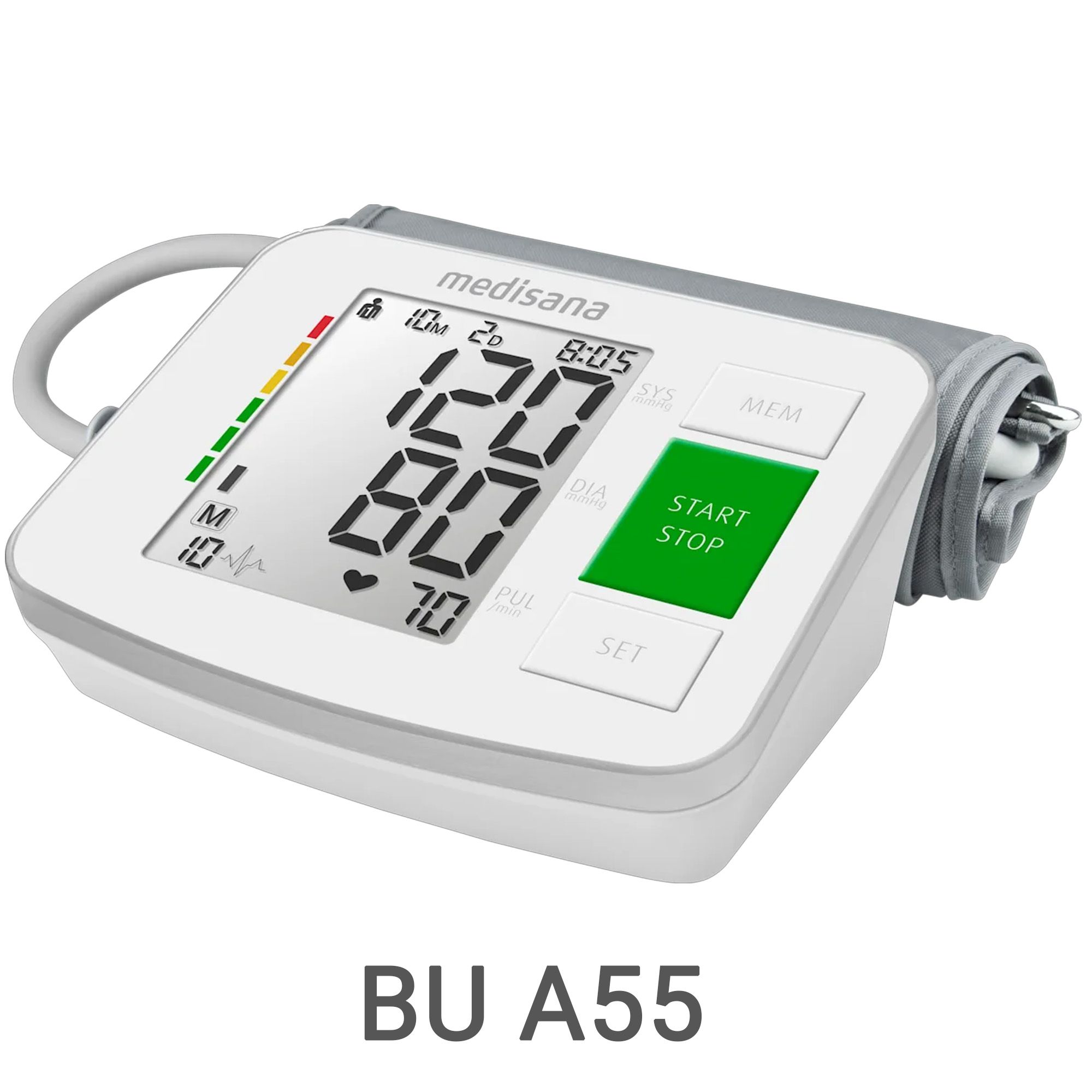 Tensiomètre de bras blanc BU A55 avec grand écran et bouton vert Start.