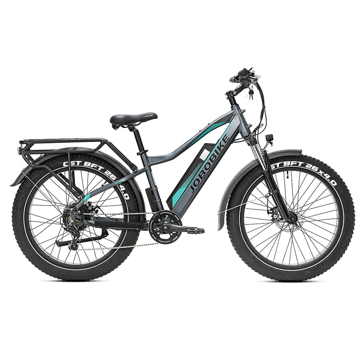 JOBOBIKE Robin elektrische fiets, grijs-turquoise. Brede banden, bagagedrager, spatborden. Zichtbare opschriften: JOBOBIKE, CST BFT 26x4.0.