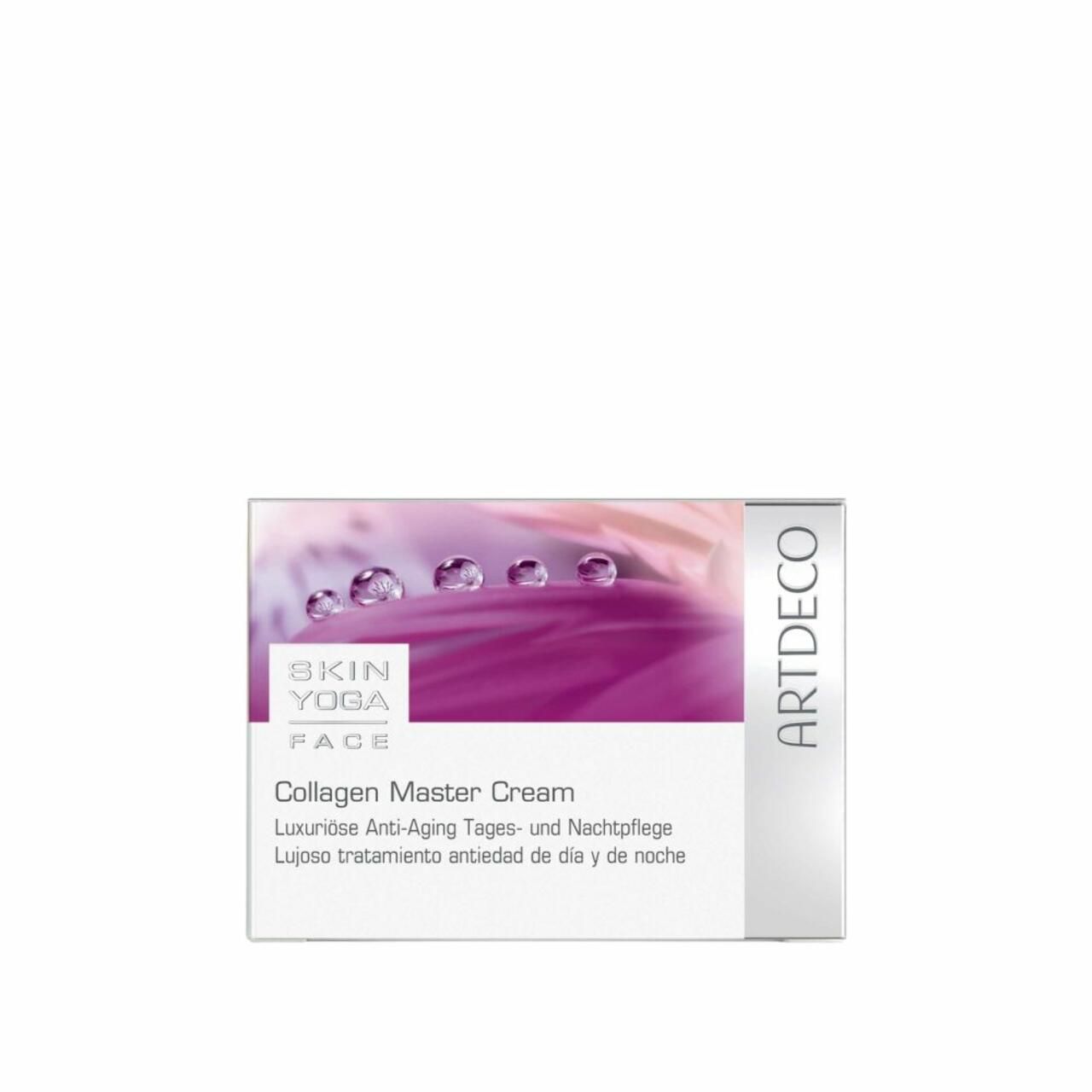 Boîte avec nom du produit et logo. Texte: Collagen Master Cream, Skin Yoga Face, Artdeco. Fond avec gouttes d'eau et fleurs.
