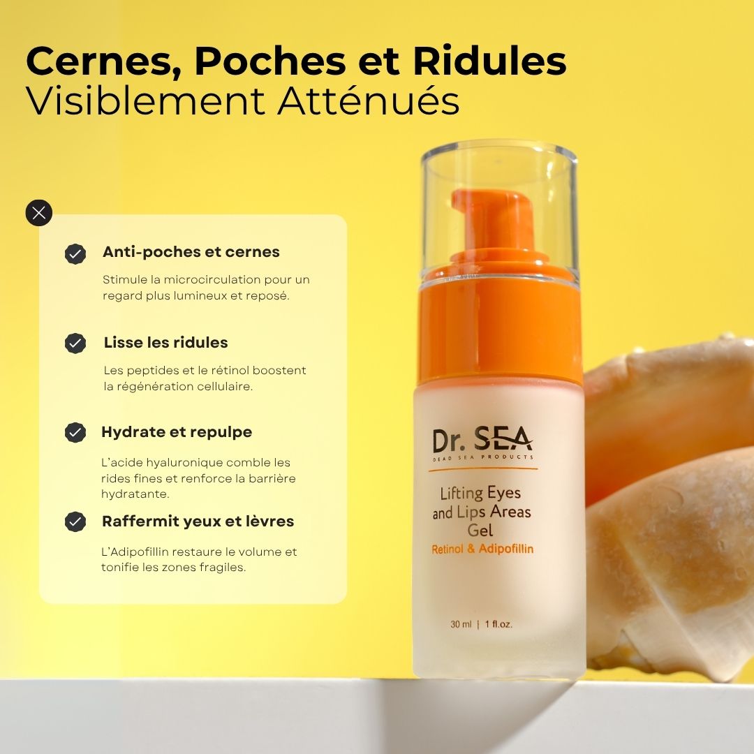 Flacon de gel avec pompe orange. Texte : Dr. SEA, Lifting Eyes and Lips Areas Gel. Le gel réduit les cernes, les poches et les ridules.