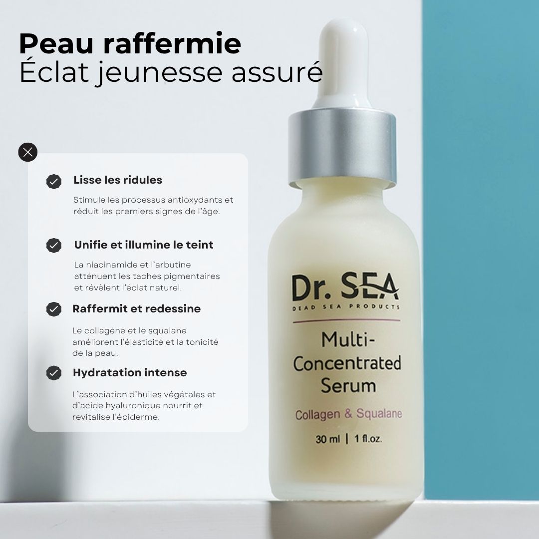 Flacon de sérum avec texte. Inscription : Dr. SEA, Multi-Concentrated Serum, Collagen & Squalane. 30 ml | 1 fl.oz. Texte sur les avantages.