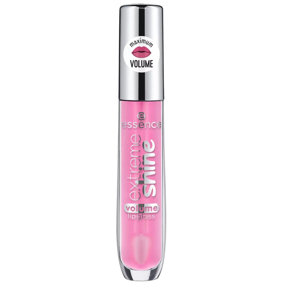 Lipgloss tube met zilveren dop. Opschrift: Extreme Shine, Volume Lipgloss. Roze inhoud. Op de dop: Maximum Volume.