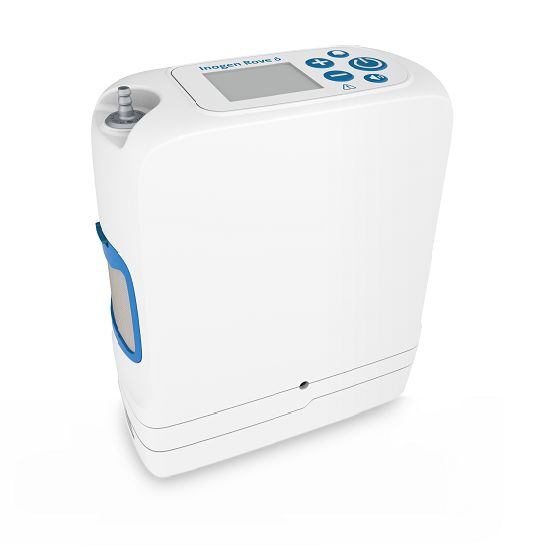 Concentrateur Inogen Rove 6 blanc avec accent bleu et écran.