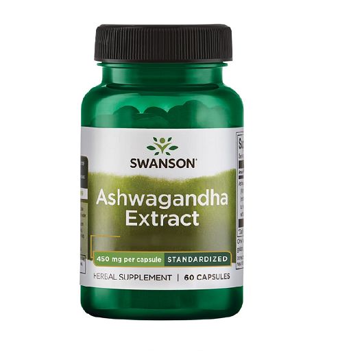 Flacon vert Swanson Ashwagandha Extract. Bouchon noir, étiquette blanche avec nom du produit et logo.