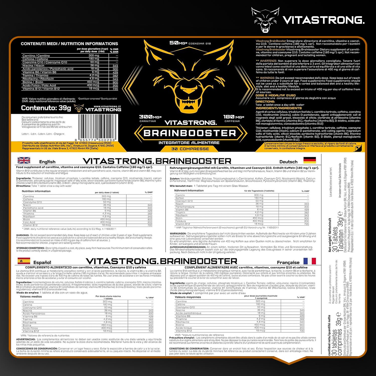 Vitastrong Brainbooster, 30 tabletten. Verpakking met info in Engels, Duits, Spaans, Frans.
