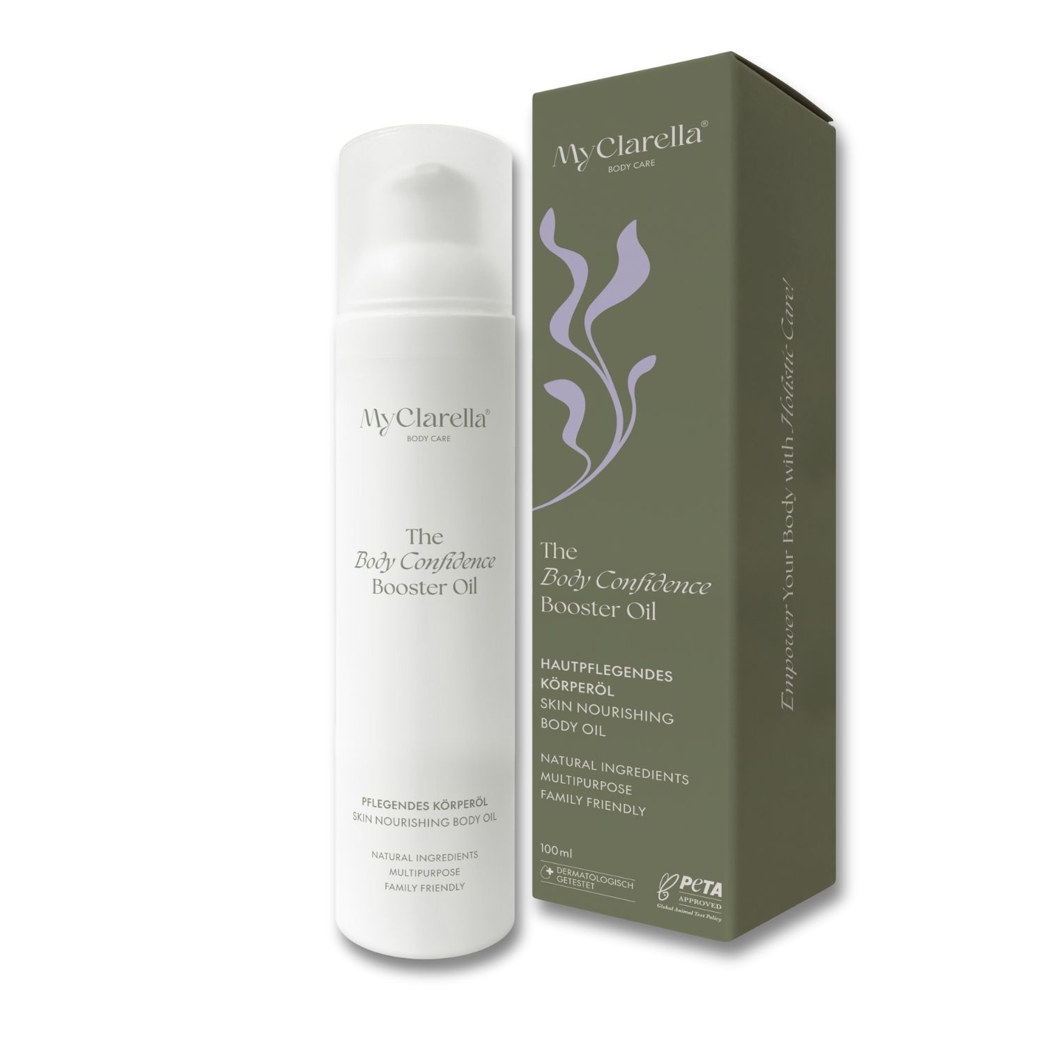 Witte flacon en groene verpakking. Tekst: The Body Confidence Booster Oil. Huidvoedende lichaamsolie. PETA-logo.