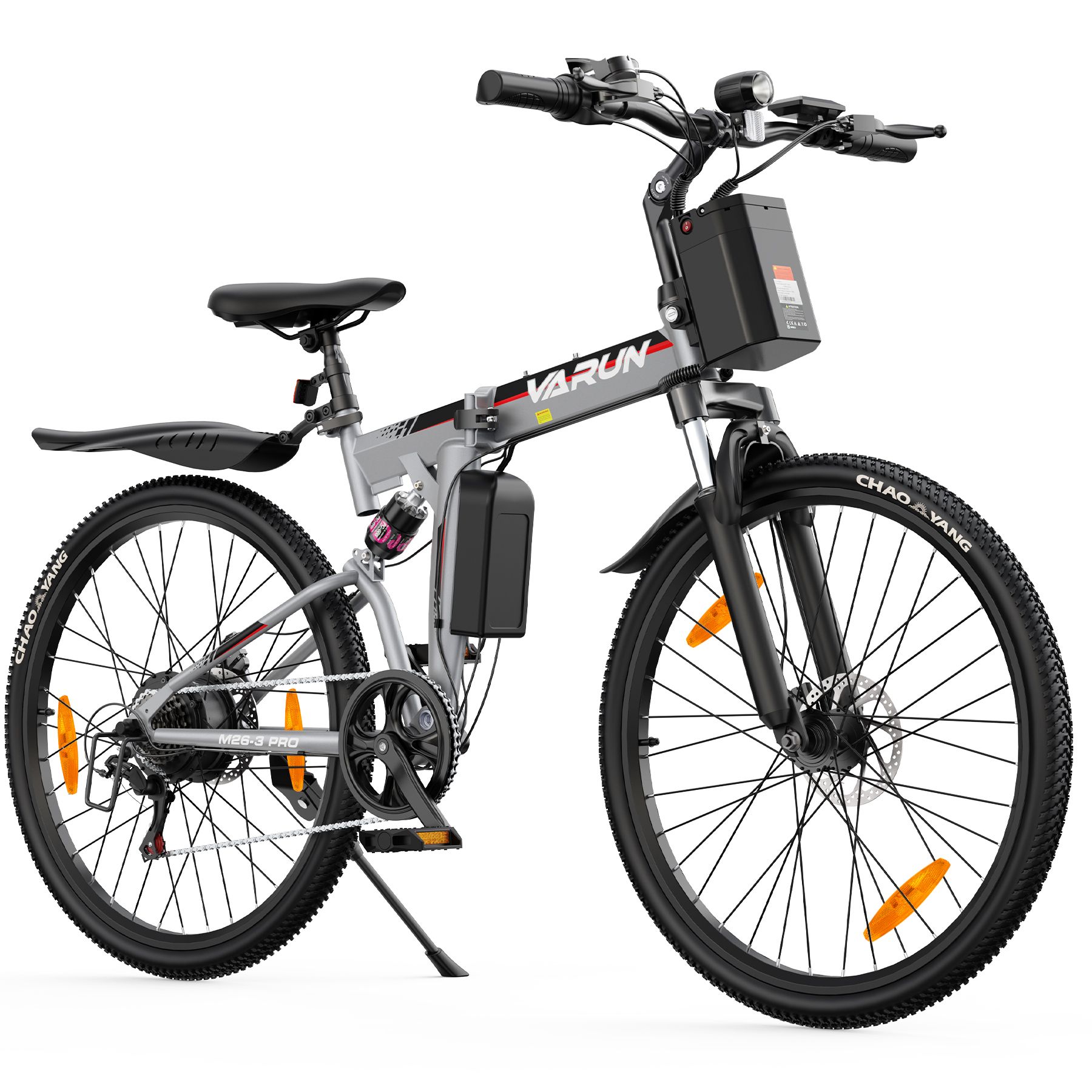 Opvouwbare e-bike, zilverkleurig, met zwart frame en banden. Accessoires: achterlicht, pomp, telefoonhouder.