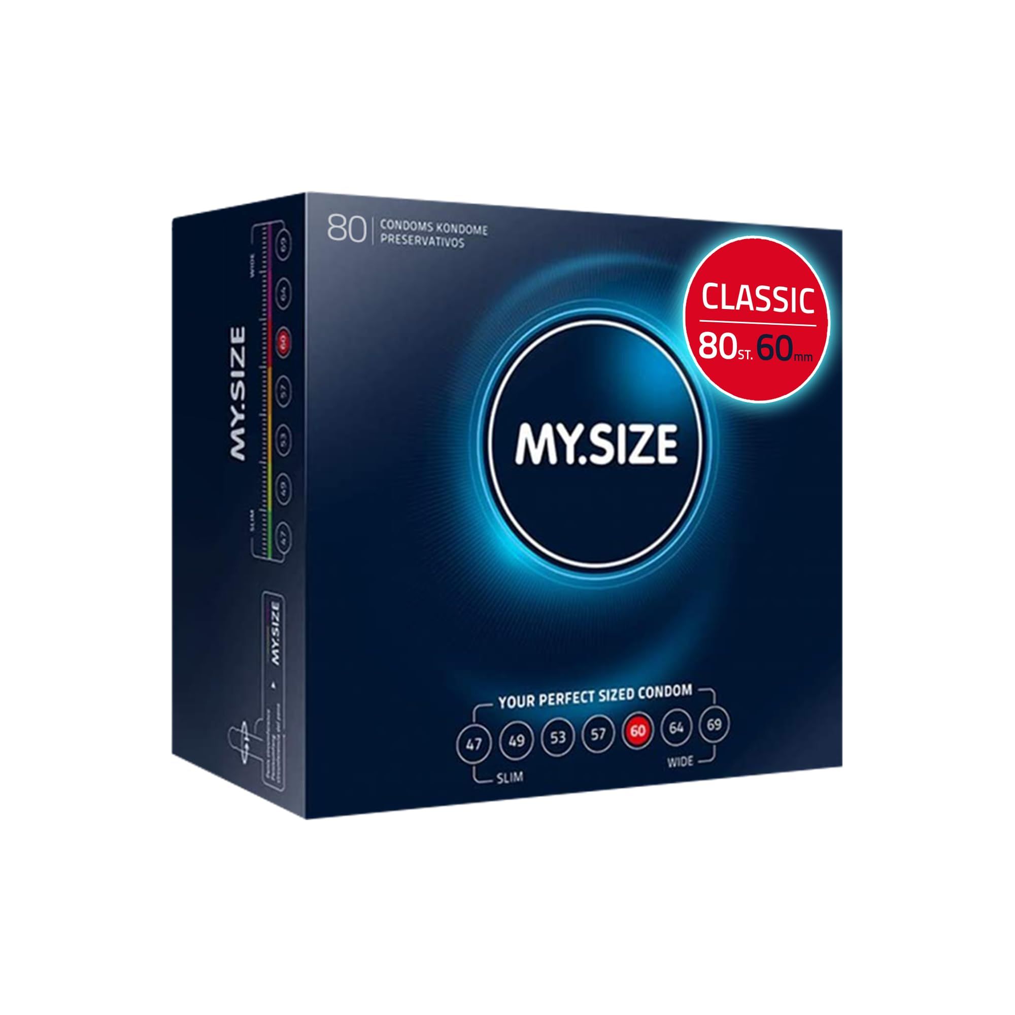 Overzicht MY.SIZE condoommaten, maat 60mm gemarkeerd.