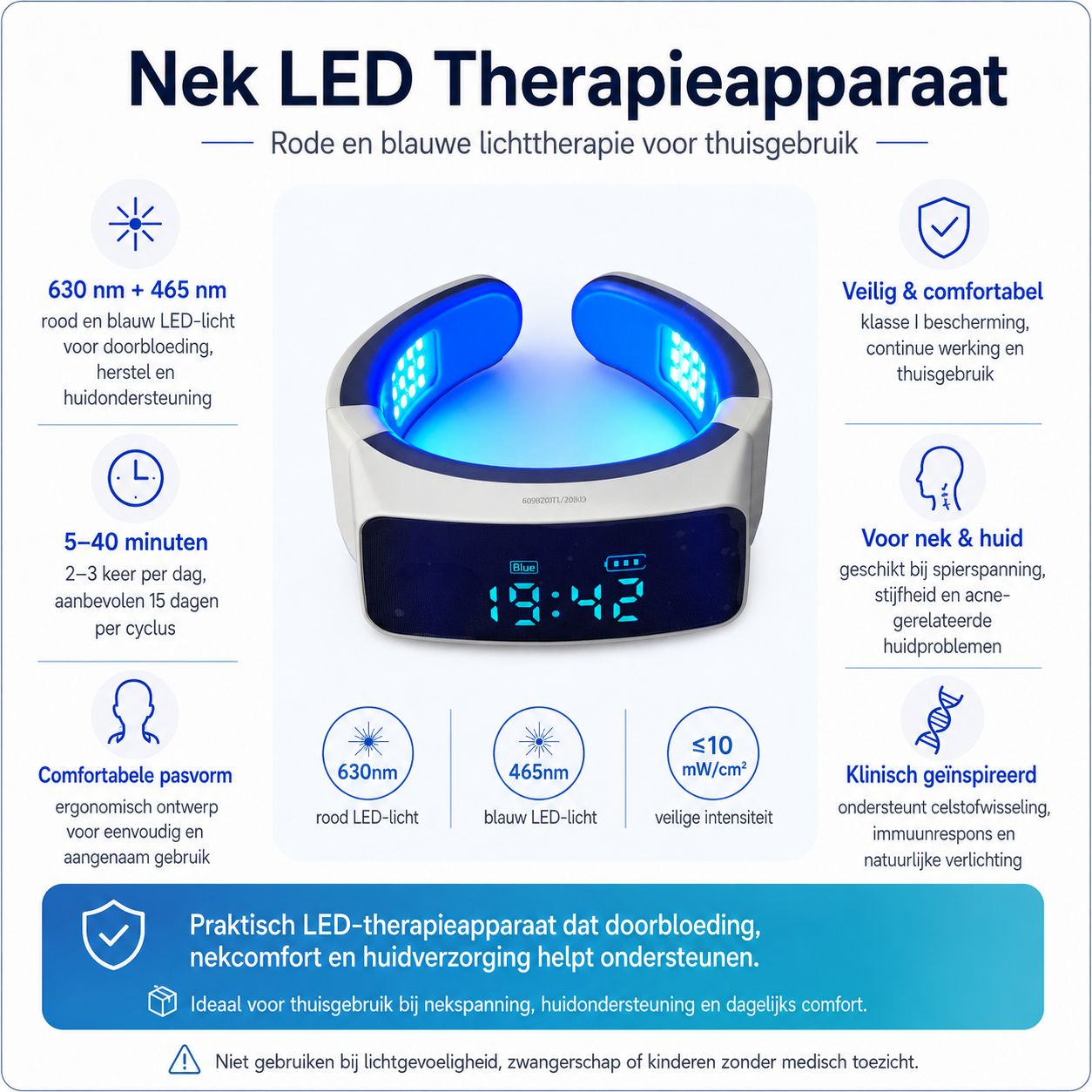 Nek LED therapieapparaat met blauwe lampjes, digitale weergave en productinformatie.