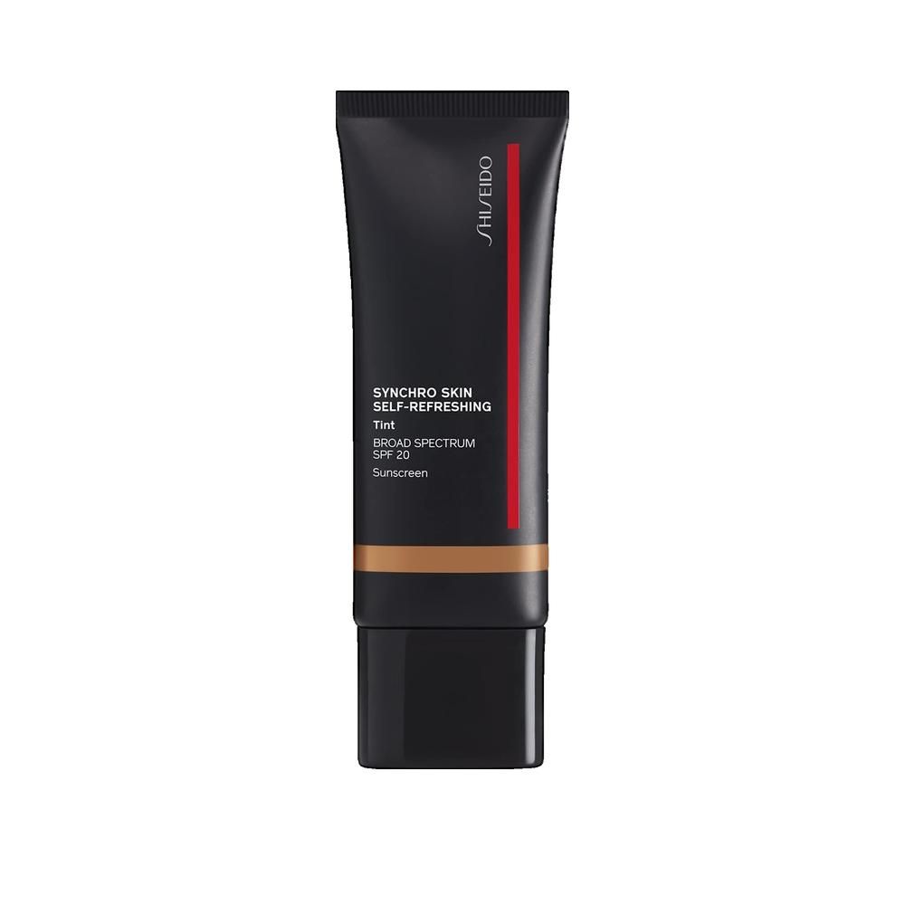 Tube noir avec inscription: Shiseido, Synchro Skin Self-Refreshing Tint, SPF 20. Nuance brune visible.