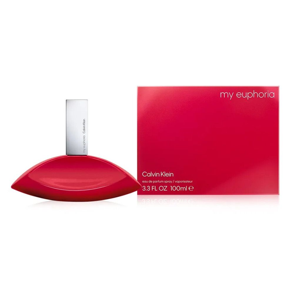 Flacon et emballage rouges. Inscription: my euphoria, Calvin Klein, 3.3 FL OZ 100ml e.