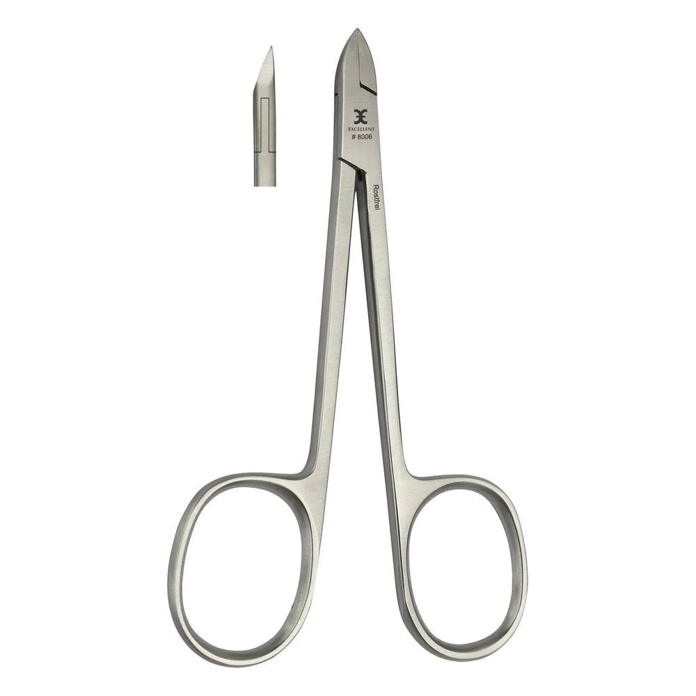 Nagelriemtang met rechte snede en schaargreep. Roestvrij staal. Extra close-up van de snede.