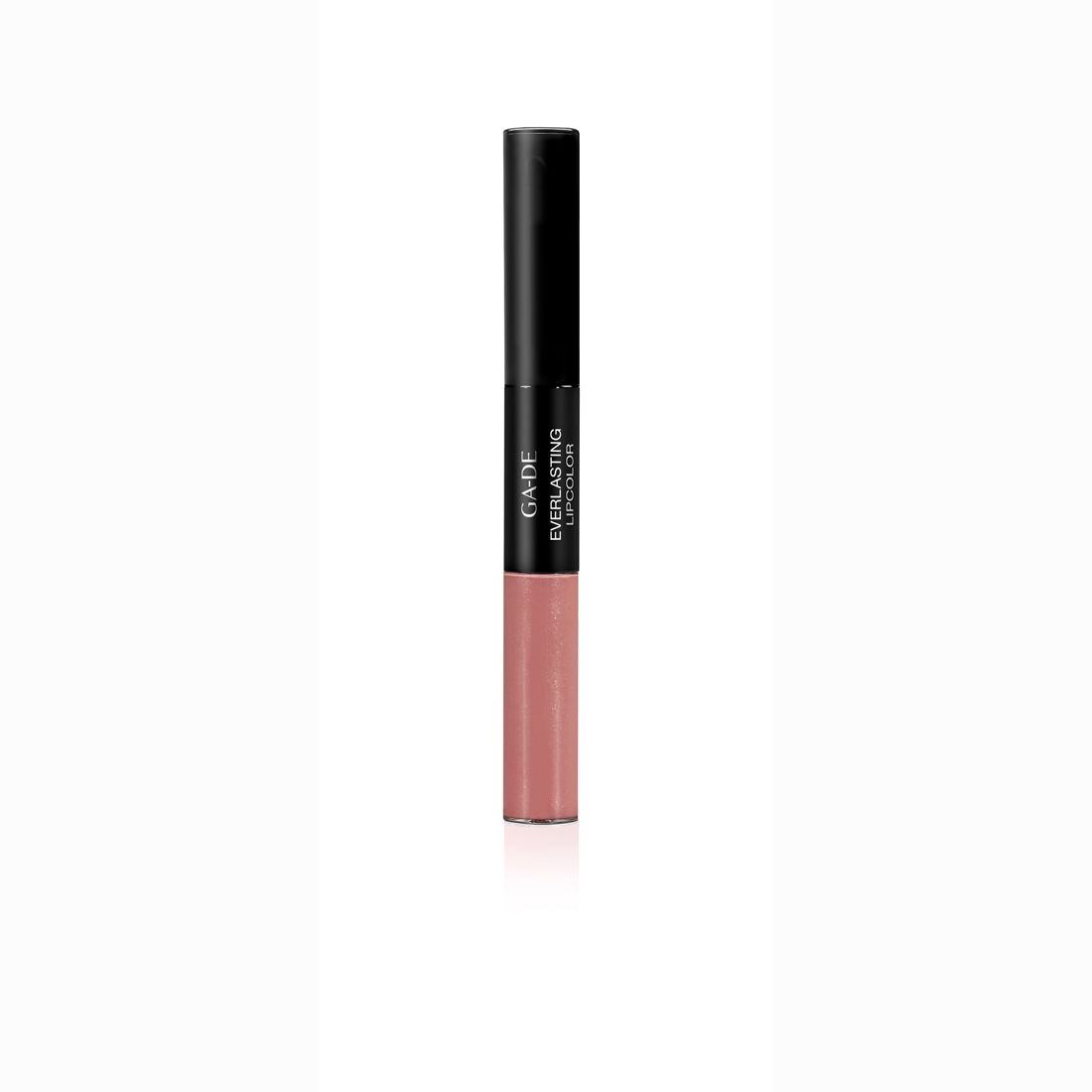 Dubbele lippenstift met zwarte dop. Op de lippenstift staat "GA-DE Everlasting Lipcolor". Het onderste deel is roze.
