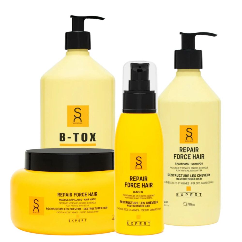 Quatre produits: B-Tox, masque capillaire, Leave In, shampooing. Flacons et pot jaunes. Pompes et couvercles noirs. Inscriptions.