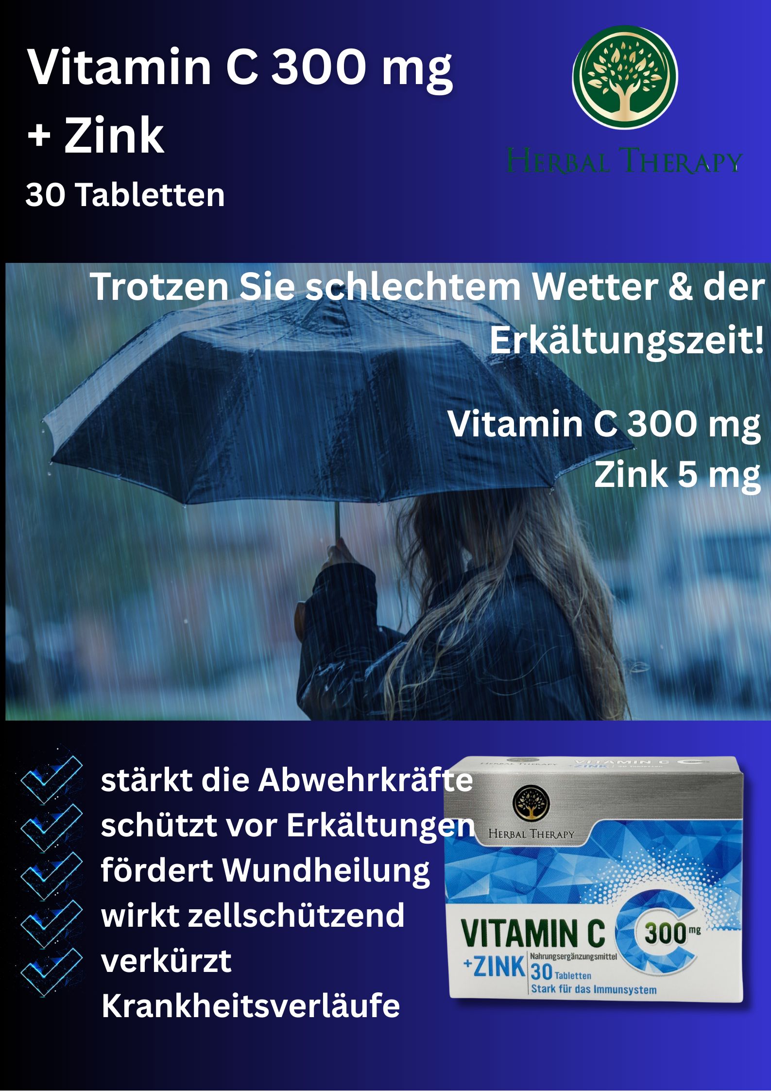Reclamebeeld met persoon onder paraplu. Vitamine C + zink verpakking. Tekst: 30 tabletten, 300mg. Beschermt tegen verkoudheid.