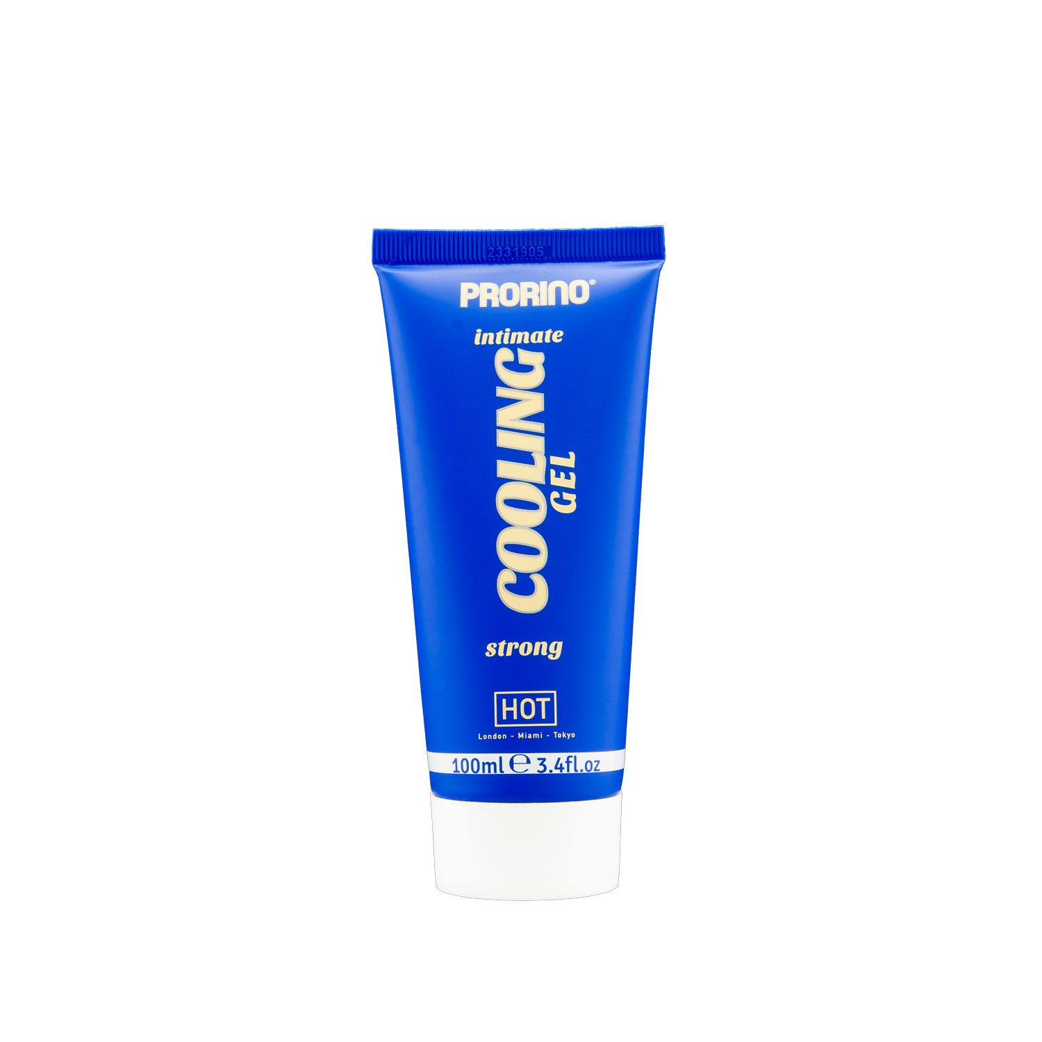 Tube bleu avec bouchon blanc. Le nom du produit et l'inscription « COOLING GEL » sont imprimés. « HOT » en bas.