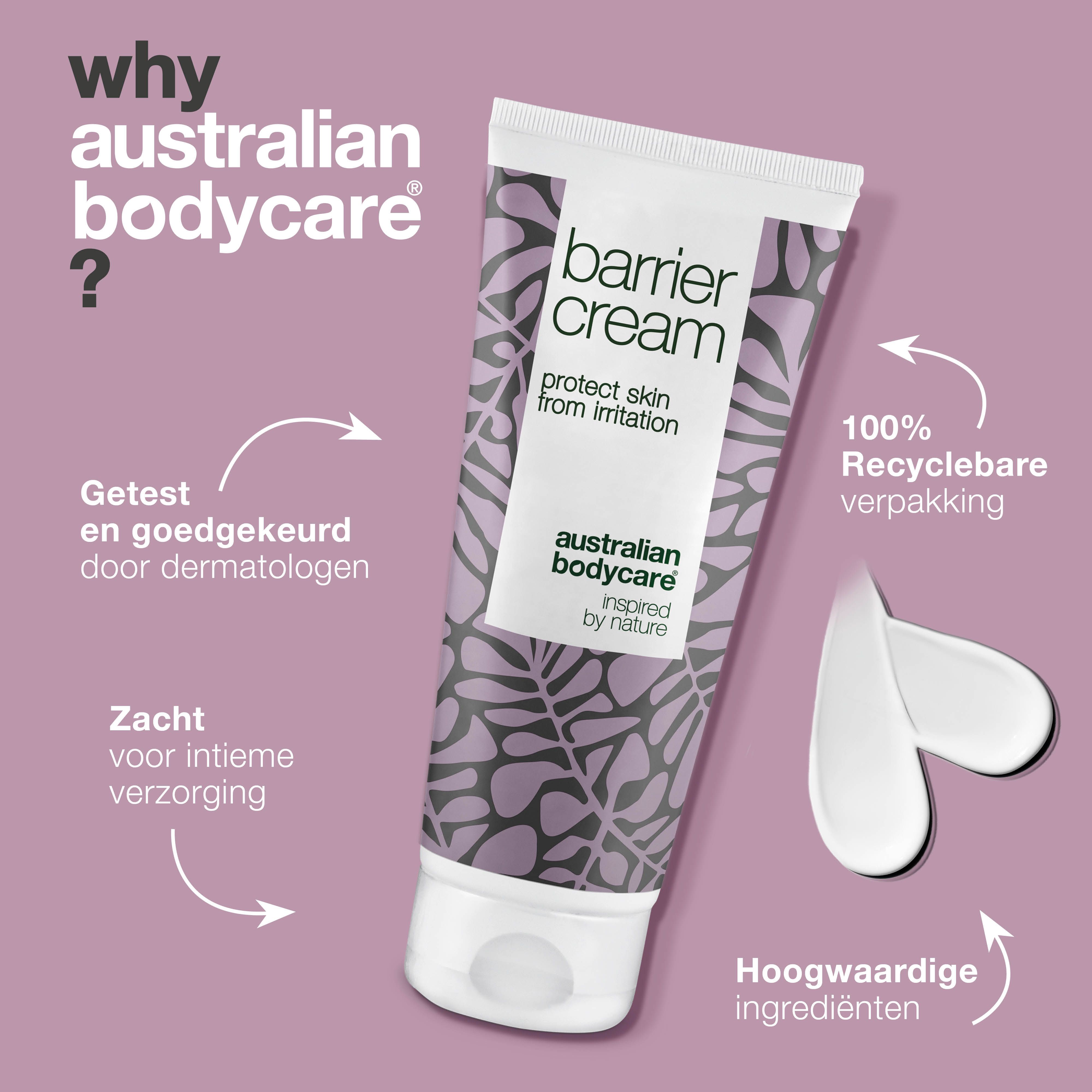 Tube met bloemenpatroon. Opschrift: Barrier Cream. Merk: Australian Bodycare. Twee klodders crème.