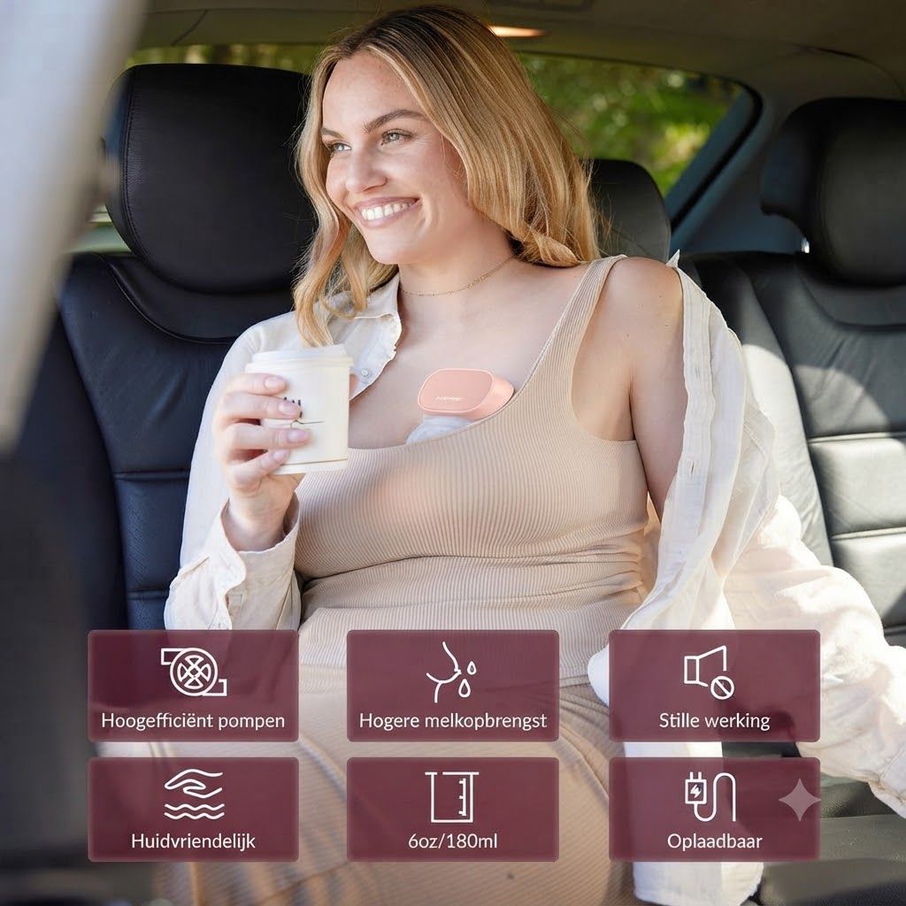 Vrouw in auto met handsfree borstkolf. Iconen: efficiëntie, melkopbrengst, geluid, huidvriendelijk, capaciteit, oplaadbaar.